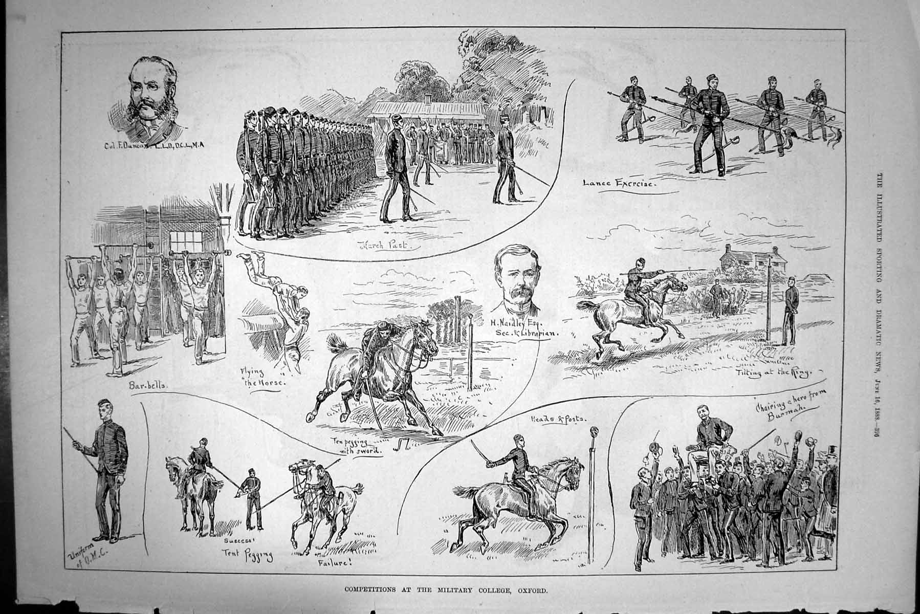 Old Print 1888 Military College Oxford Duncan Naidley Horses Tent Pegging 19th