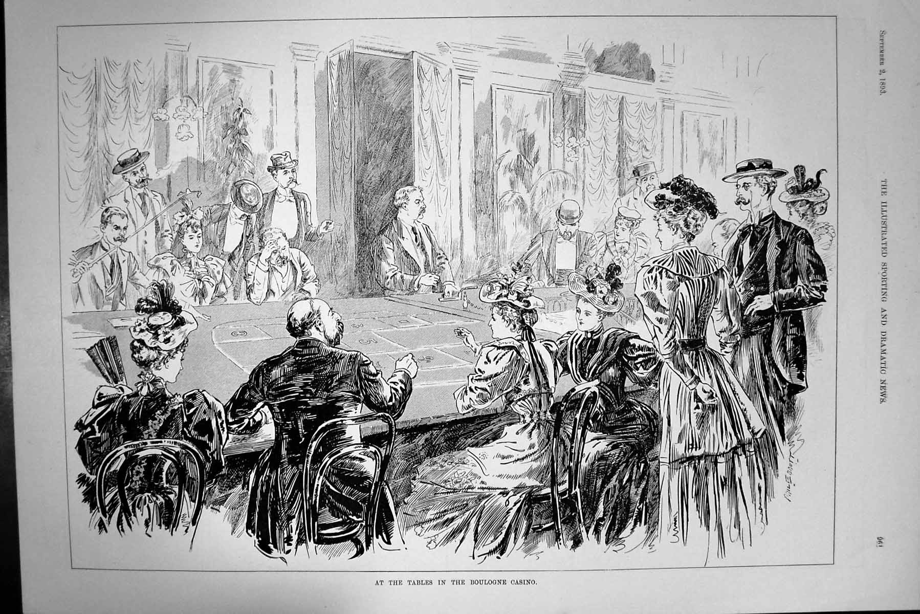 Original Old Antique Print 1893 Gambling Tables Boulogne Casino France 19th