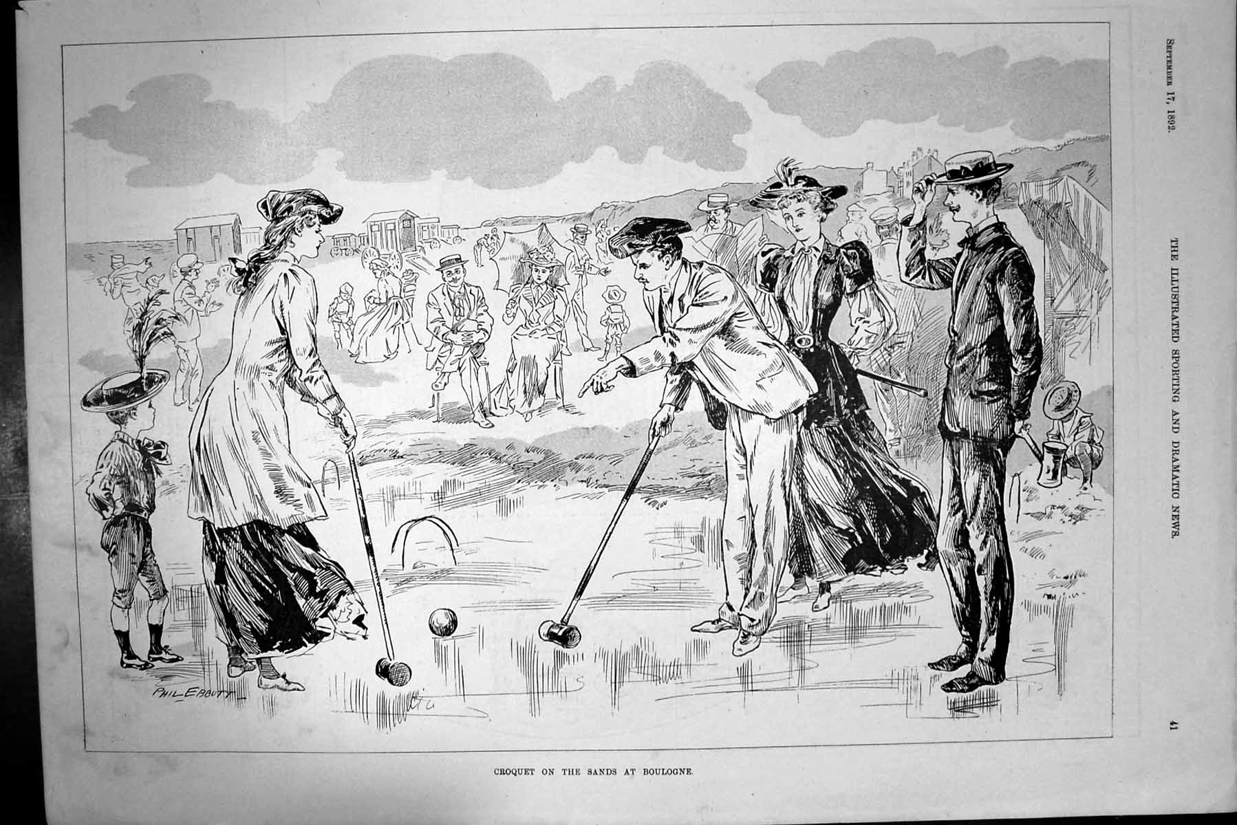 Original Old Antique Print 1892 Croquet Sands Boulogne France Sport Victorian