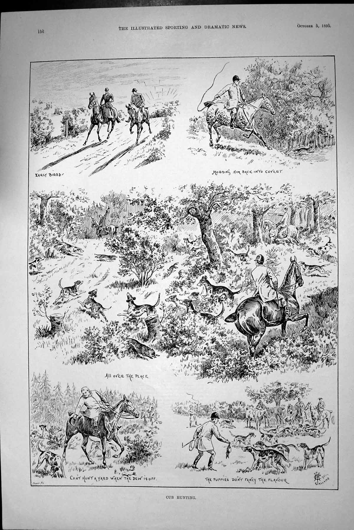 Original Old Antique Print Fox Cub Hunting Sport Hounds Horses Huntsmen 1895