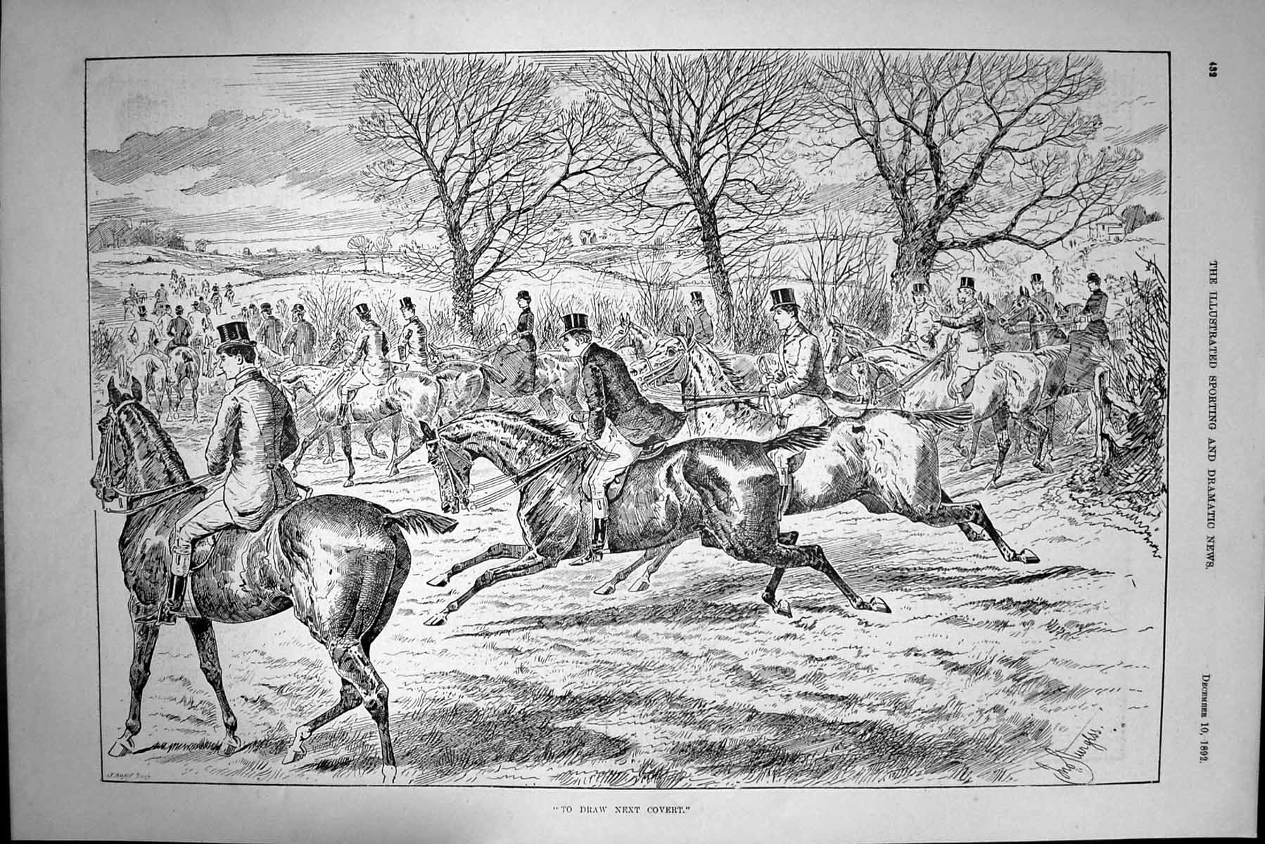 Old Antique Print 1892 Fox Hunting Sport Draw Covert Huntsmen Hounds Dogs 19th