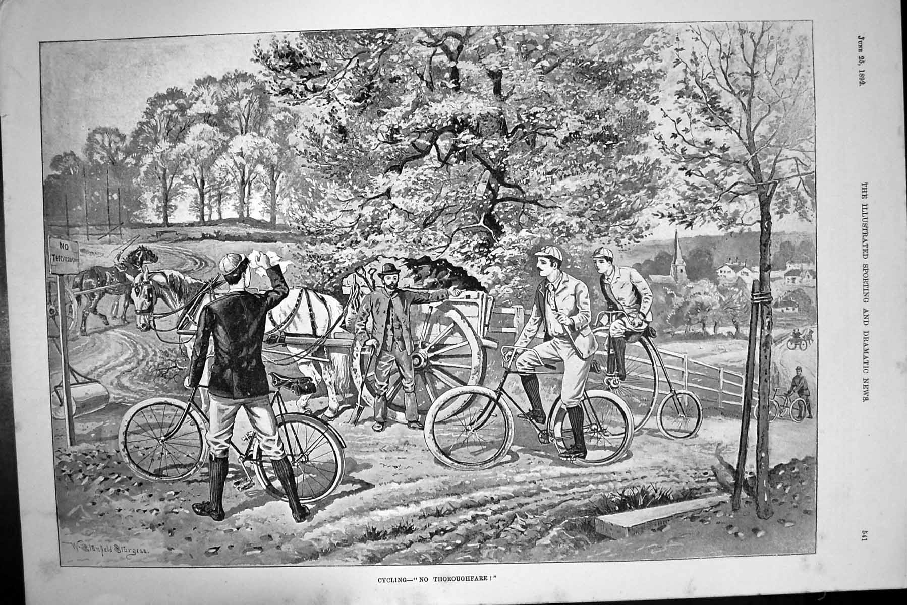 Old Antique Print 1892 Cycling No Thogoughfare Farmer Horse Cart Cyclists 19th