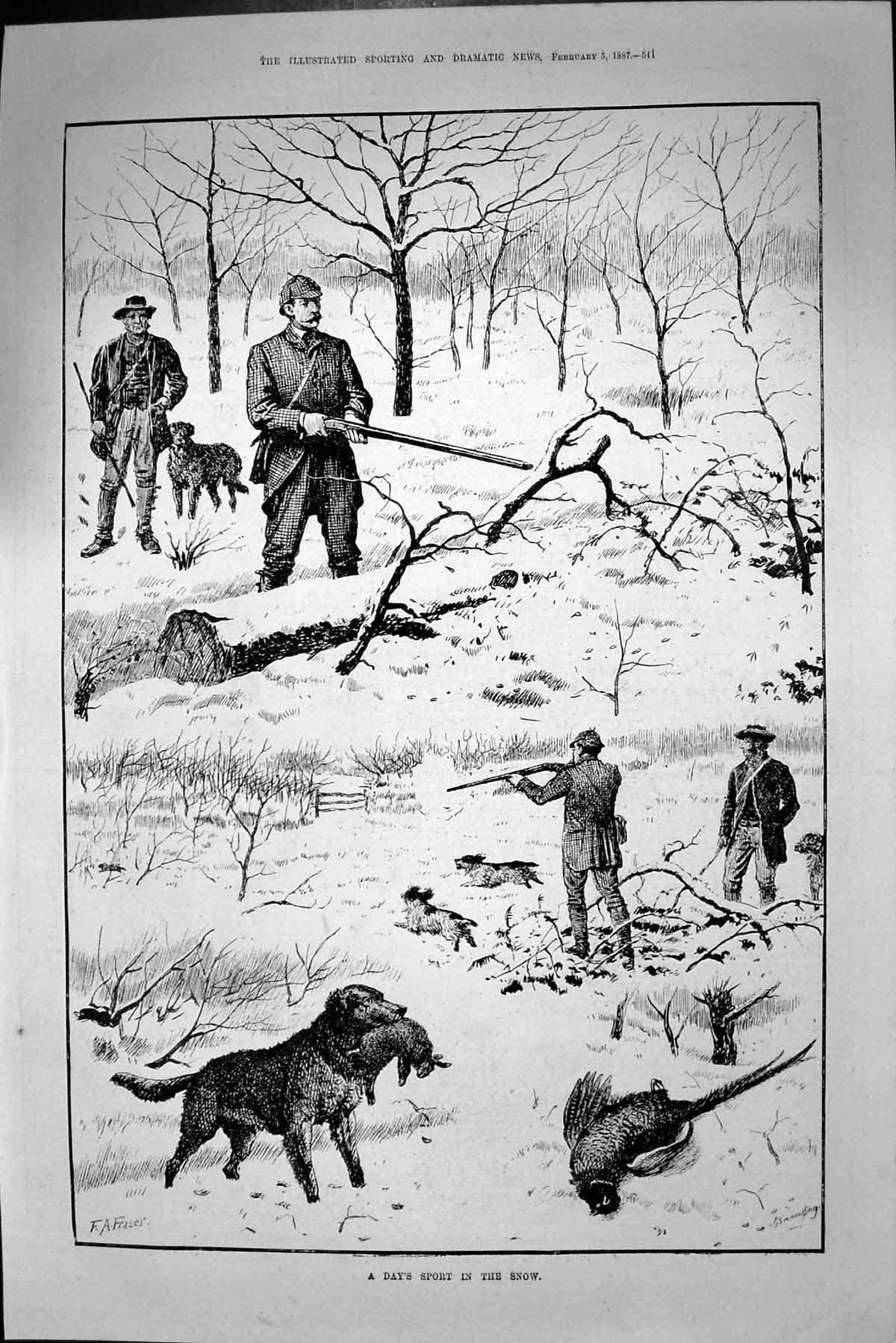 Original Old Antique Print 1887 Hunting Shooting Sport Snow Birds Rabbits 19th