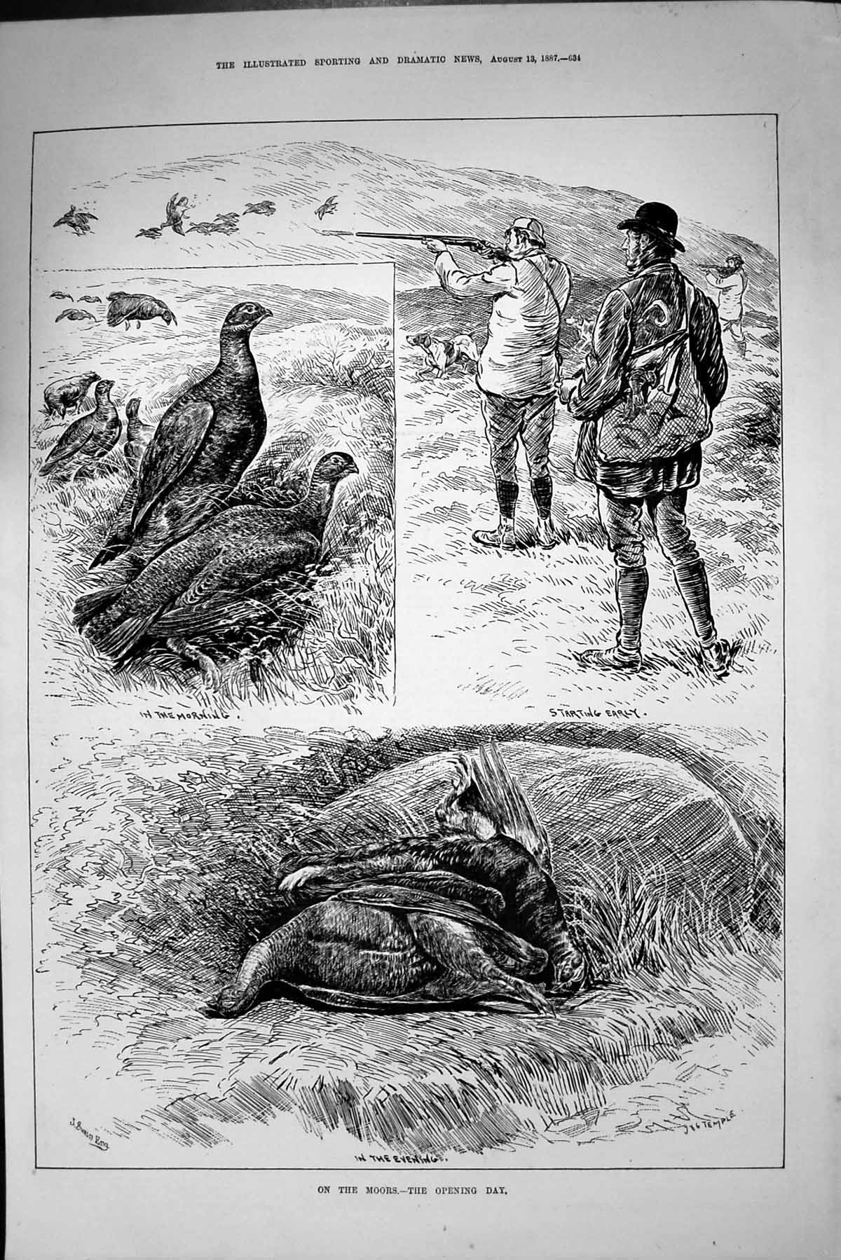 Old Antique Print 1887 Grouse Shooting Hunting Moors Opening Day Season 19th