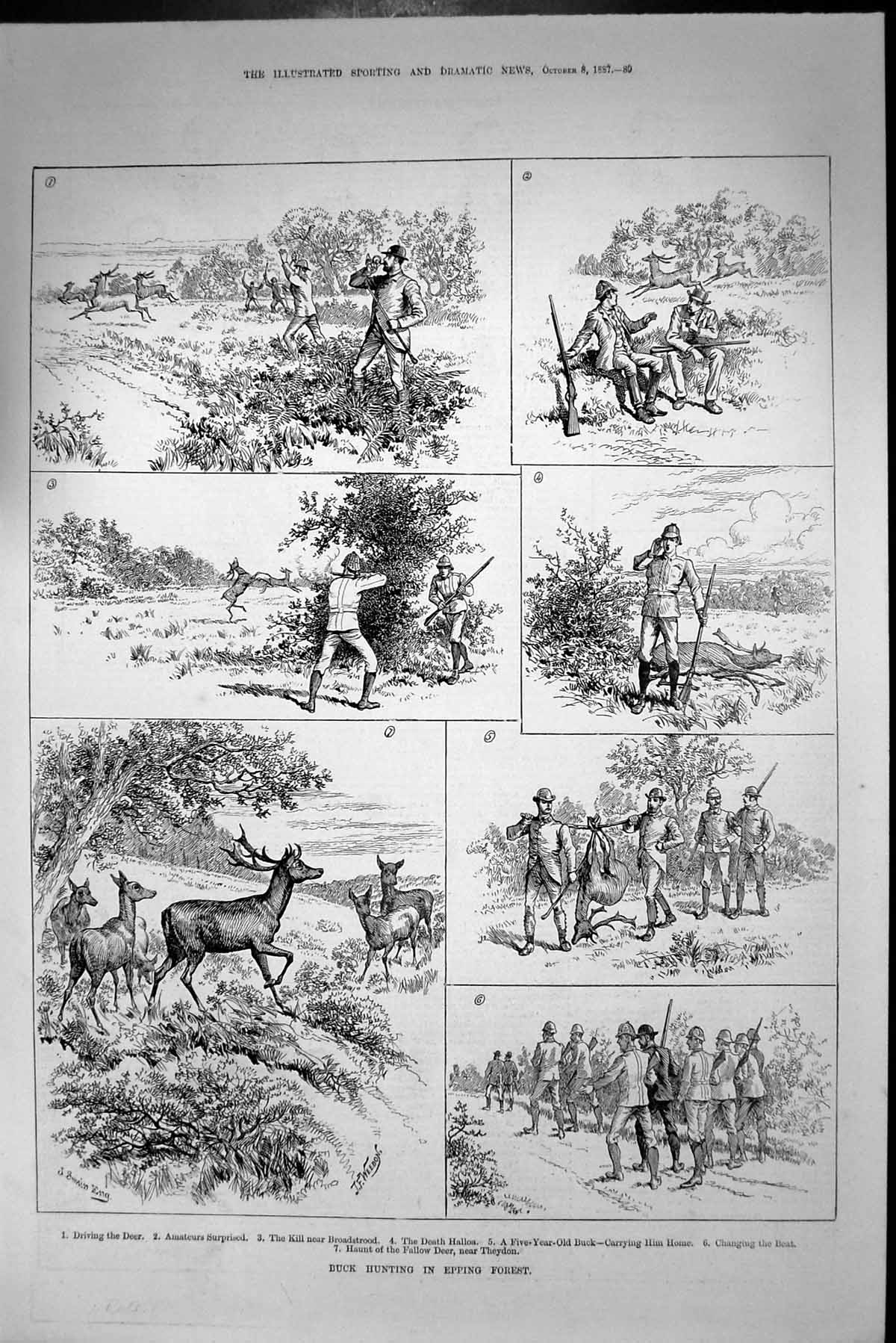 Original Old Antique Print Buck Hunting Epping Forest Deer Shooting Sport 1887