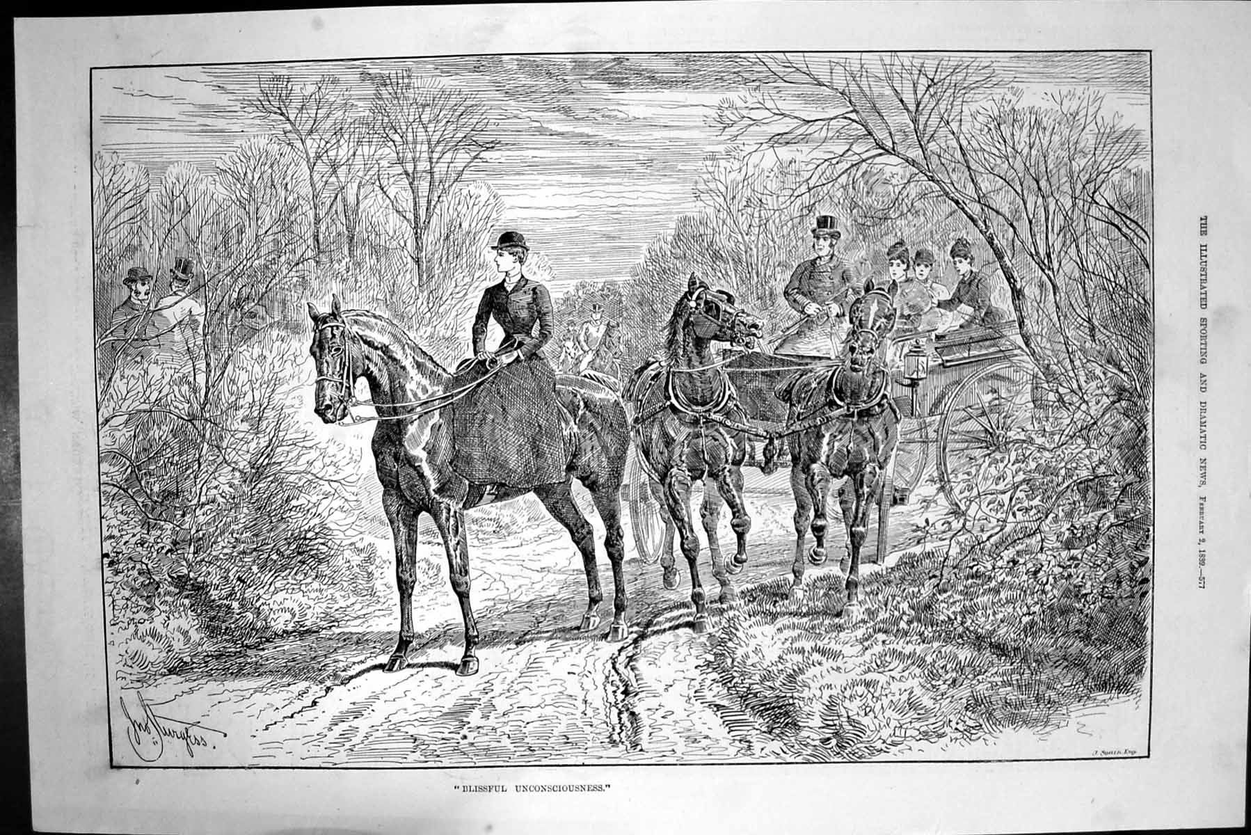 Antique Old Print 1889 Blissful Unconsciousness Horses Coach Transport Swain