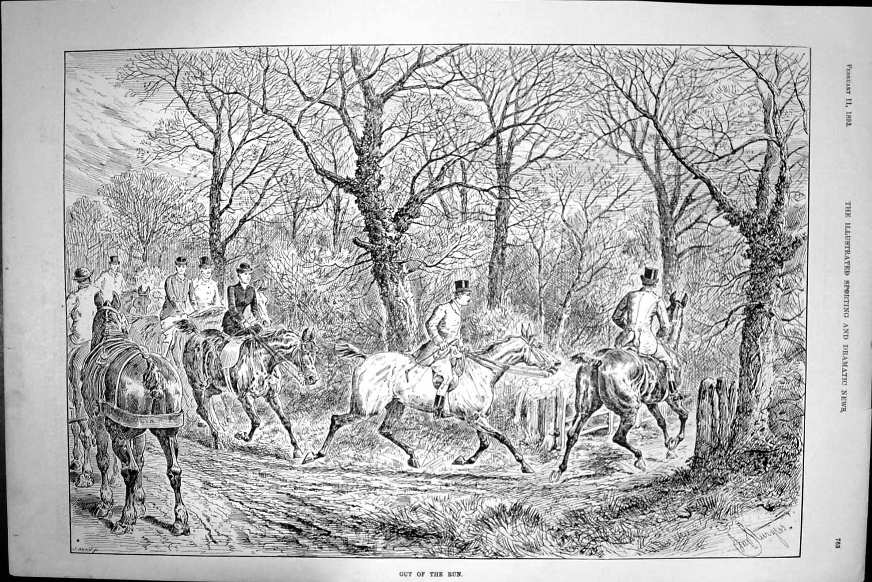 Original Old Antique Print 1893 Out The Run Fox Hunting Horses Huntsmen Swain