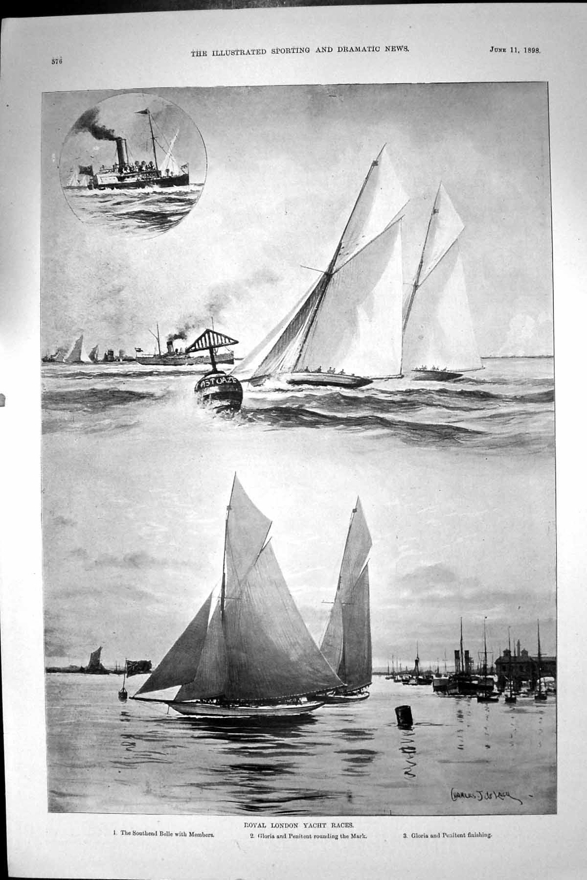 Antique Print Royal London Yacht Sport Gloria Penitent Southend Belle 1898 19th