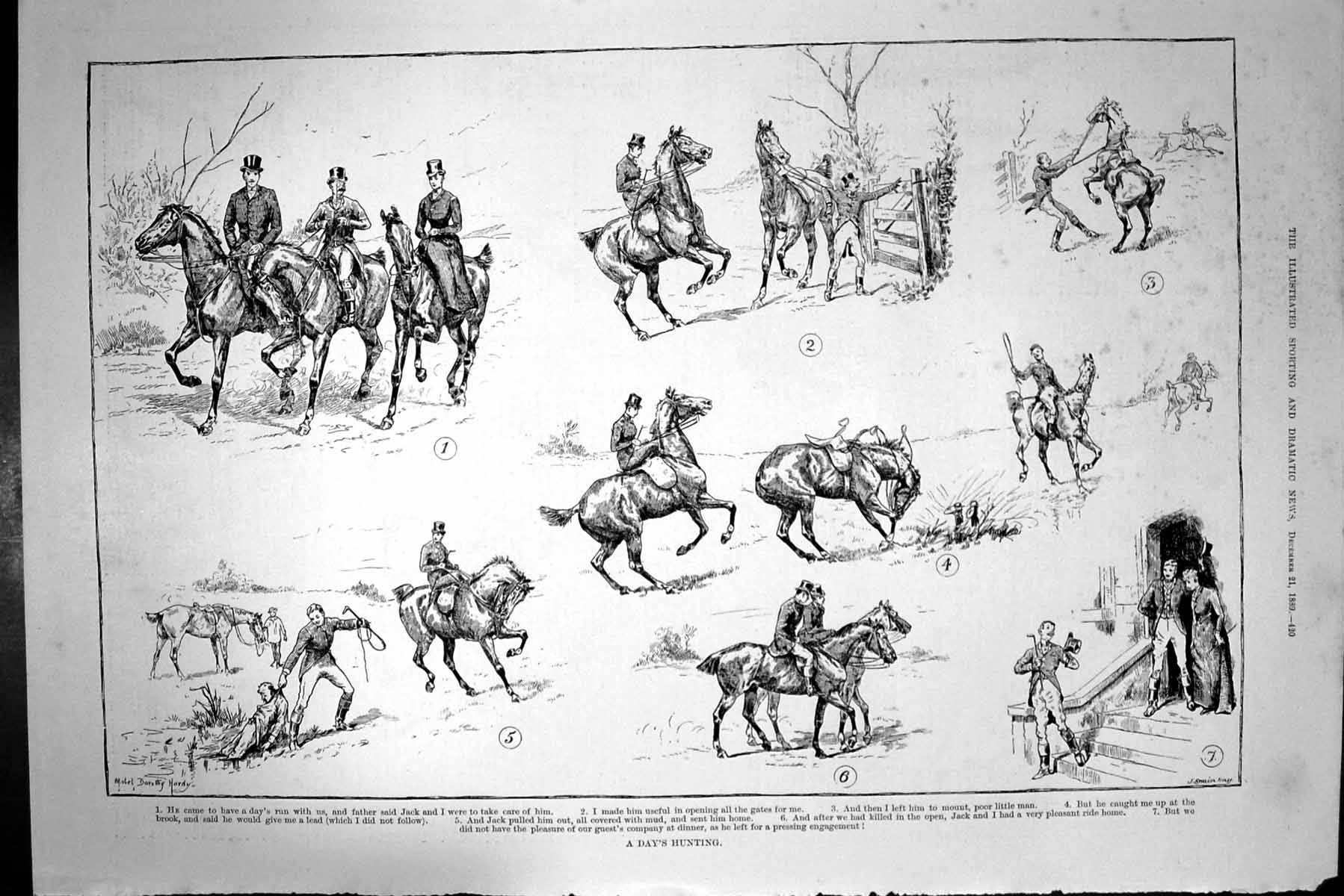 Antique Old Print 1889 Fox Hunting Sport Horses Hunstmen Fallen River Swain