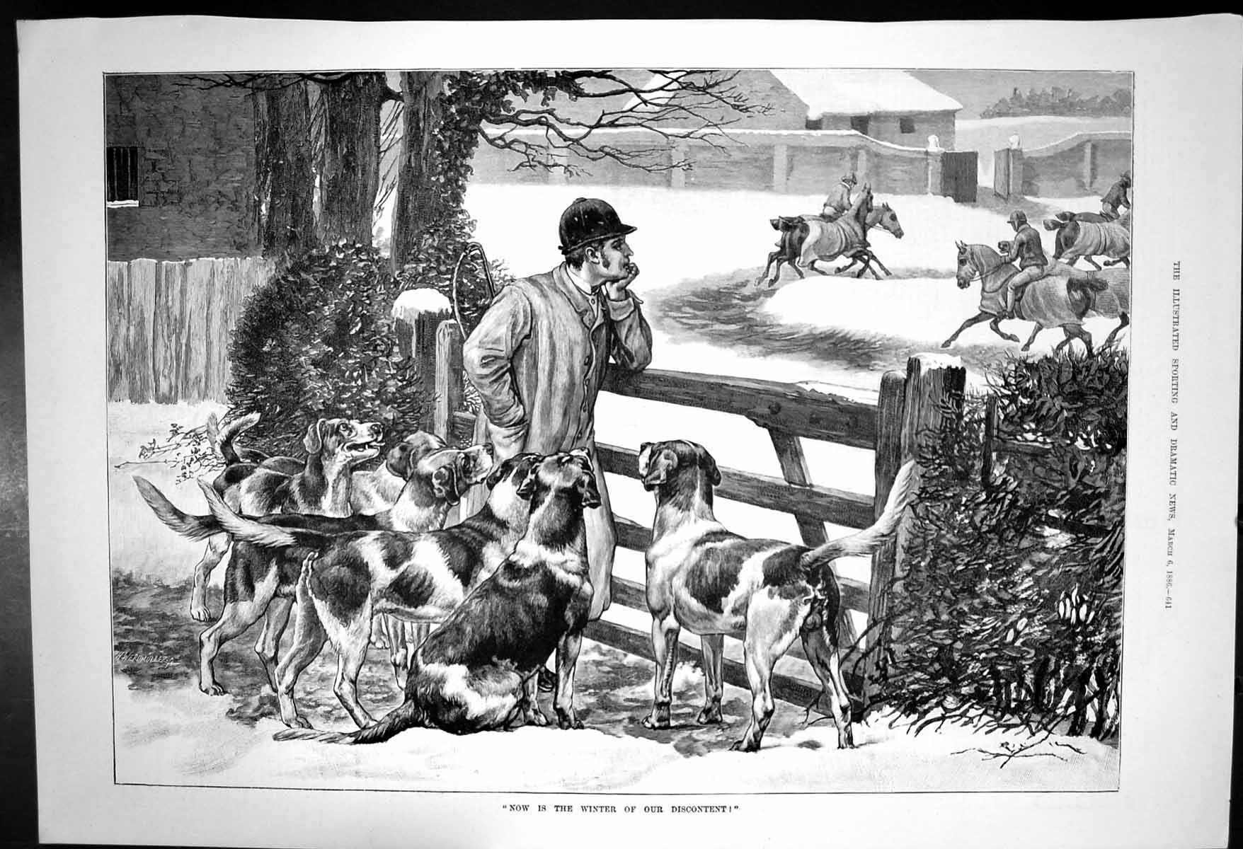 Old Antique Print Now Is The Winter Our Discovery Horses Dogs Rider 1886 19th