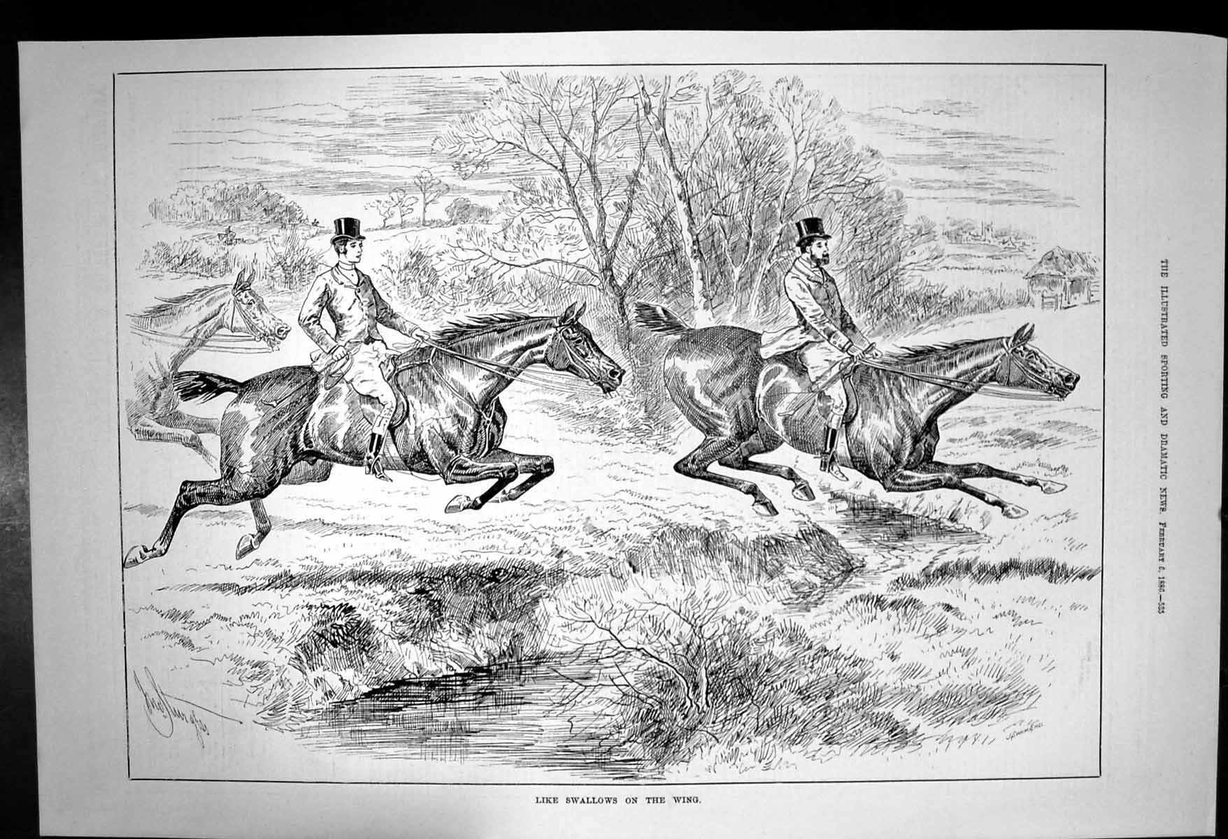 Antique Old Print Like Swallows On The Wing Horses Riders Jumping Stream 1886