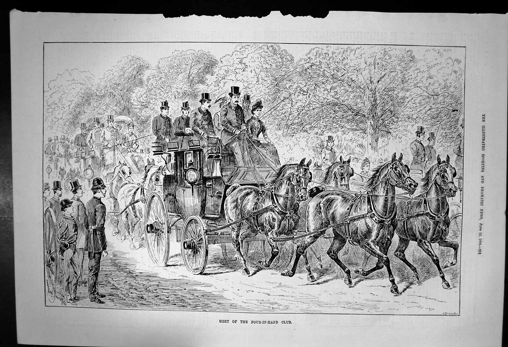 Old Antique Print Meet Four-In-Hand ClubHorses Pulling Carriage 1886