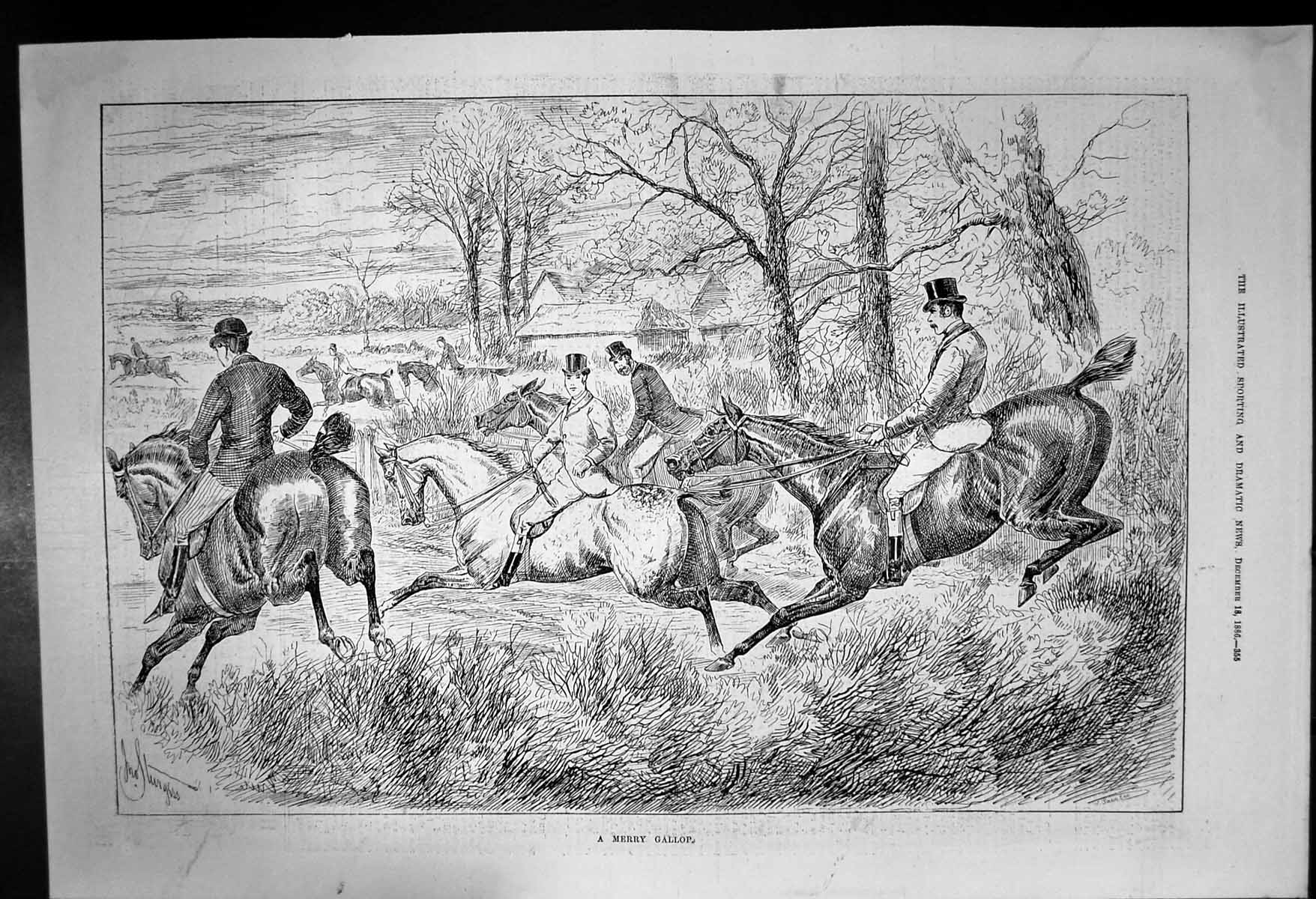 Original Old Antique Print Merry Gallop Horses Riders Galloping 1886 Victorian