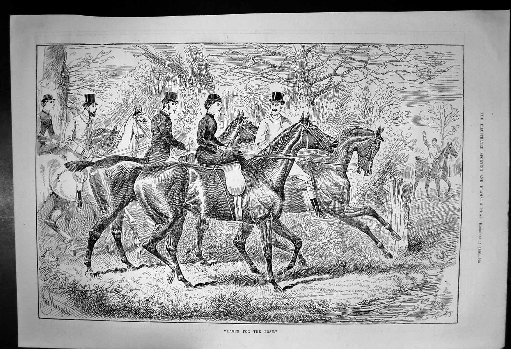 Original Old Antique Print Eager For The Fray Horses Riders 1886 19th