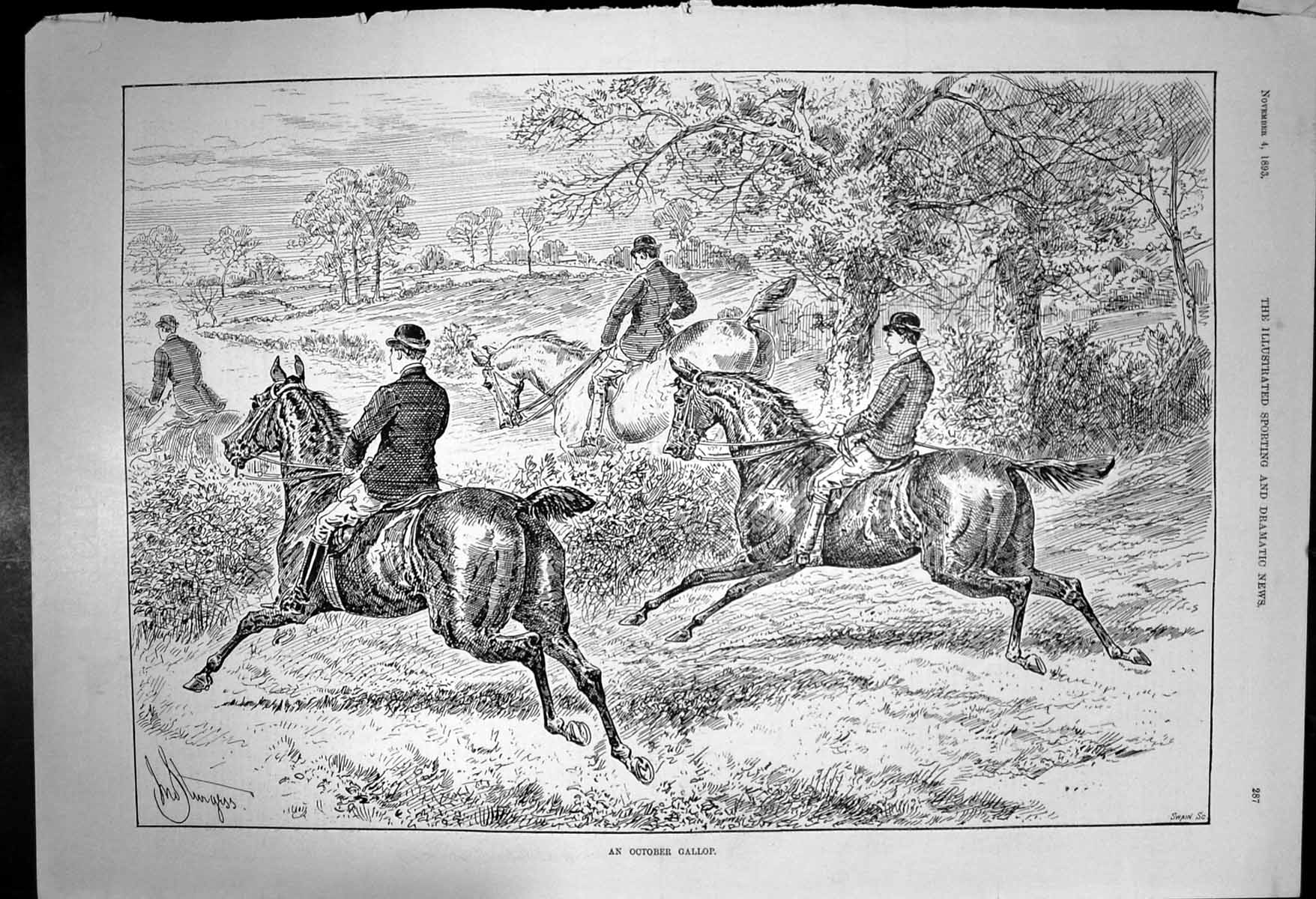 Original Old Antique Print An October Gallop Horses Riders Galloping 1893 19th