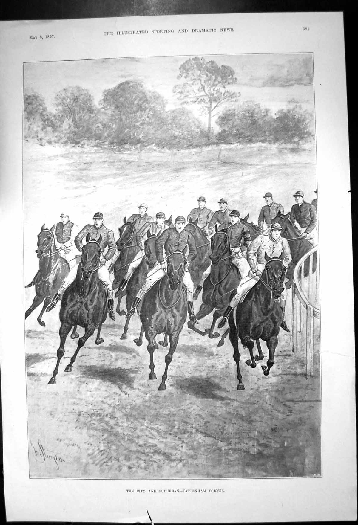 Old Antique Print City And Suburban Tattenham Corner Horses Racing 1897 19th