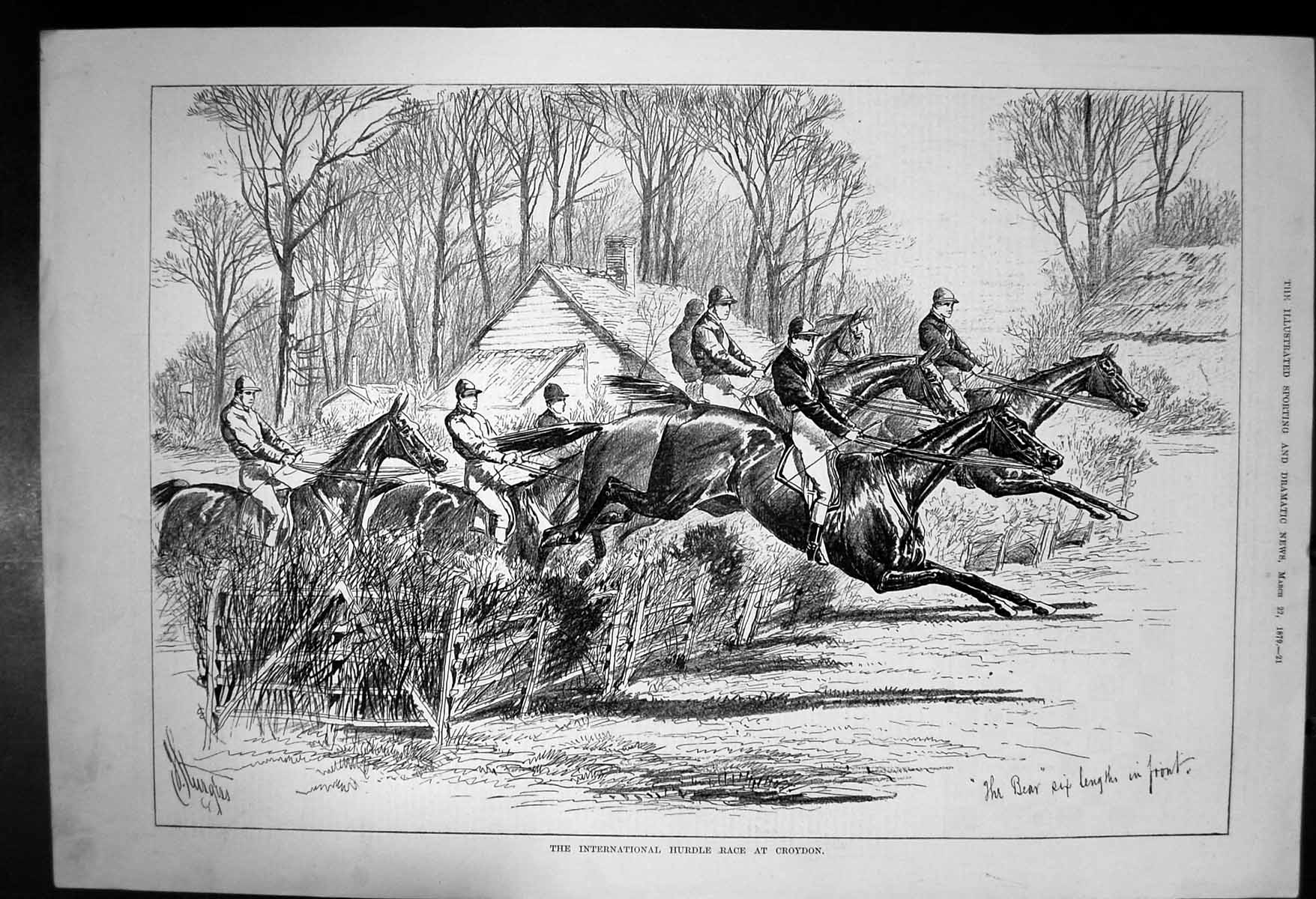 Original Old Antique Print International Hurdle Race Croydon 1879 Victorian