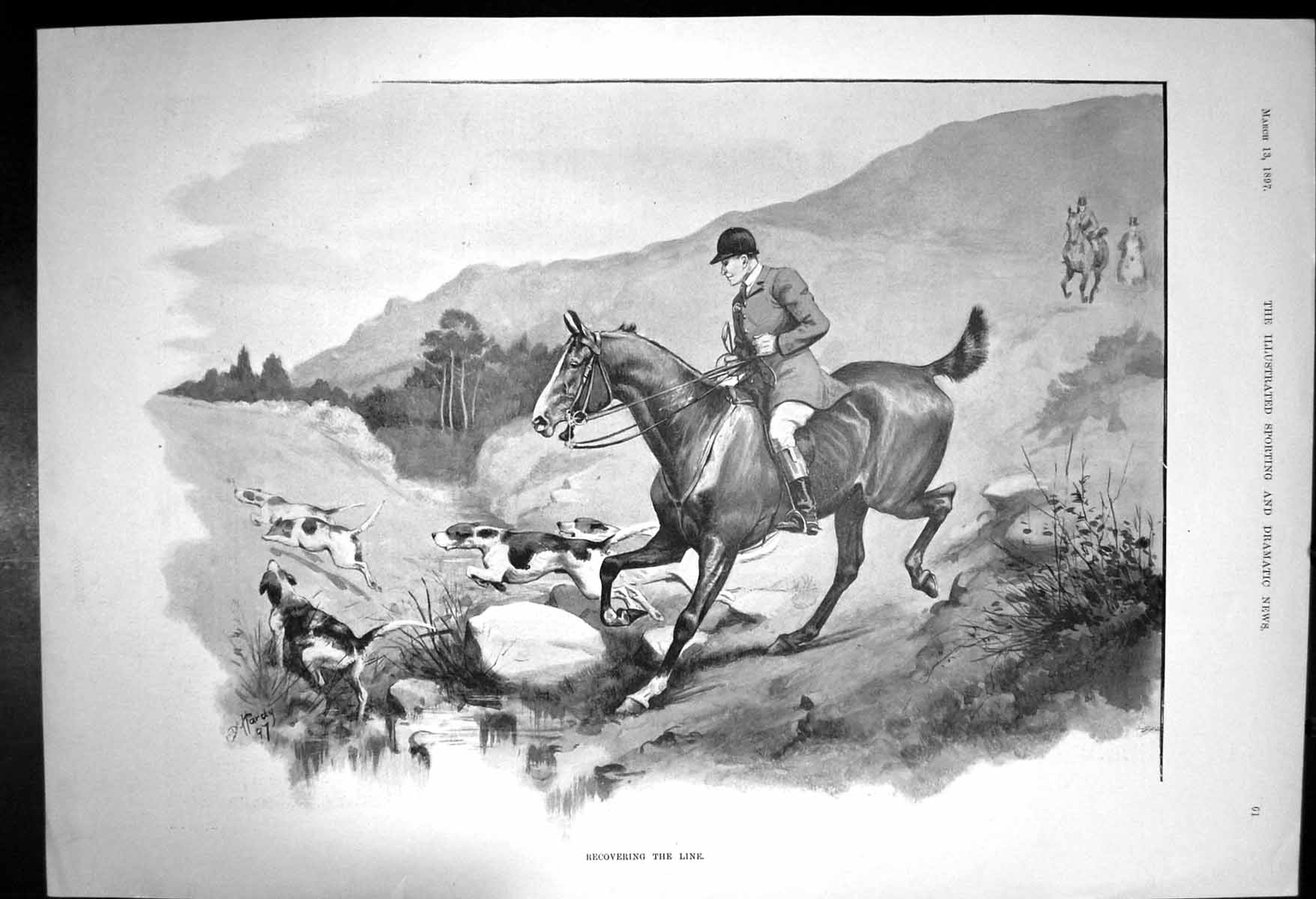 Original Old Antique Print Recovering The Line Horse Rider Hunting Dogs 1897
