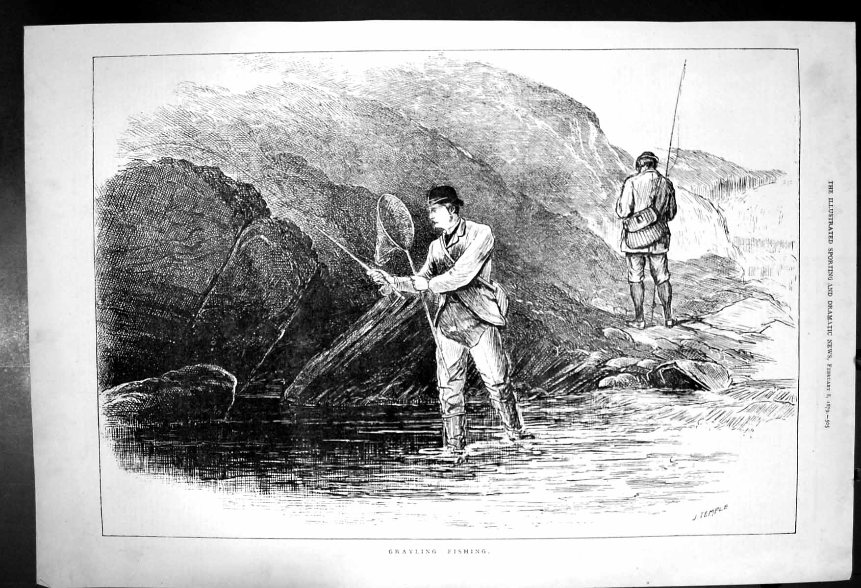 Old Antique Print Grayling Fishing J Temple Fishing Line Net On Loch 1879 19th