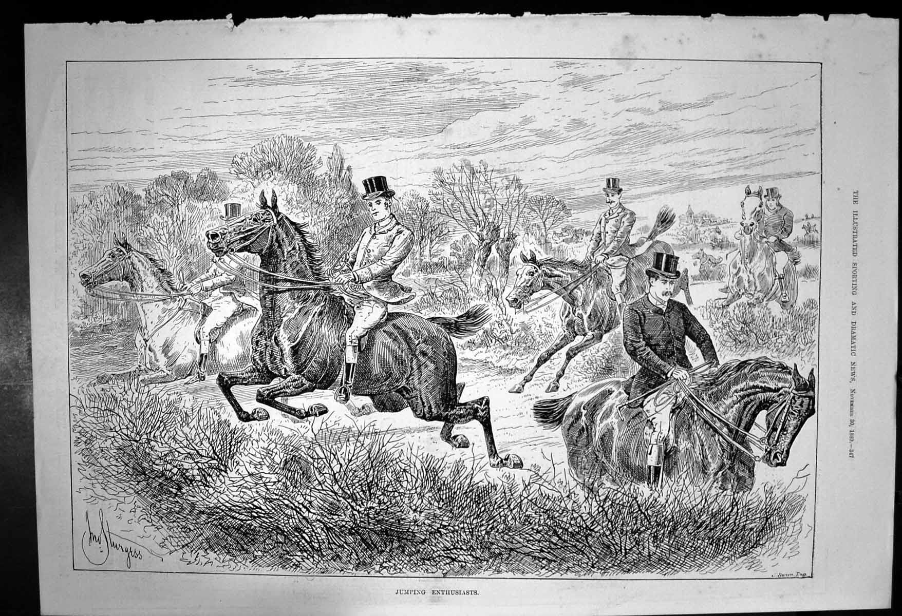 Old Antique Print Jumping Enthusiasts Riders Top Hats Horsejumping 1889 19th