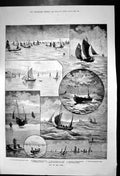 Original Old Antique Print Out On Deep Hastings Boats Fishing Grounds Nets 1889