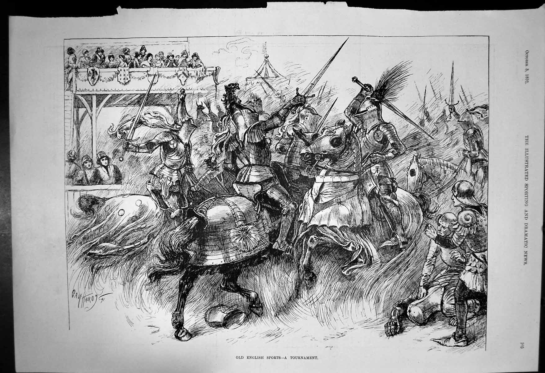 Original Old Antique Print English Sports Tournament Riders Armour Swords 1891