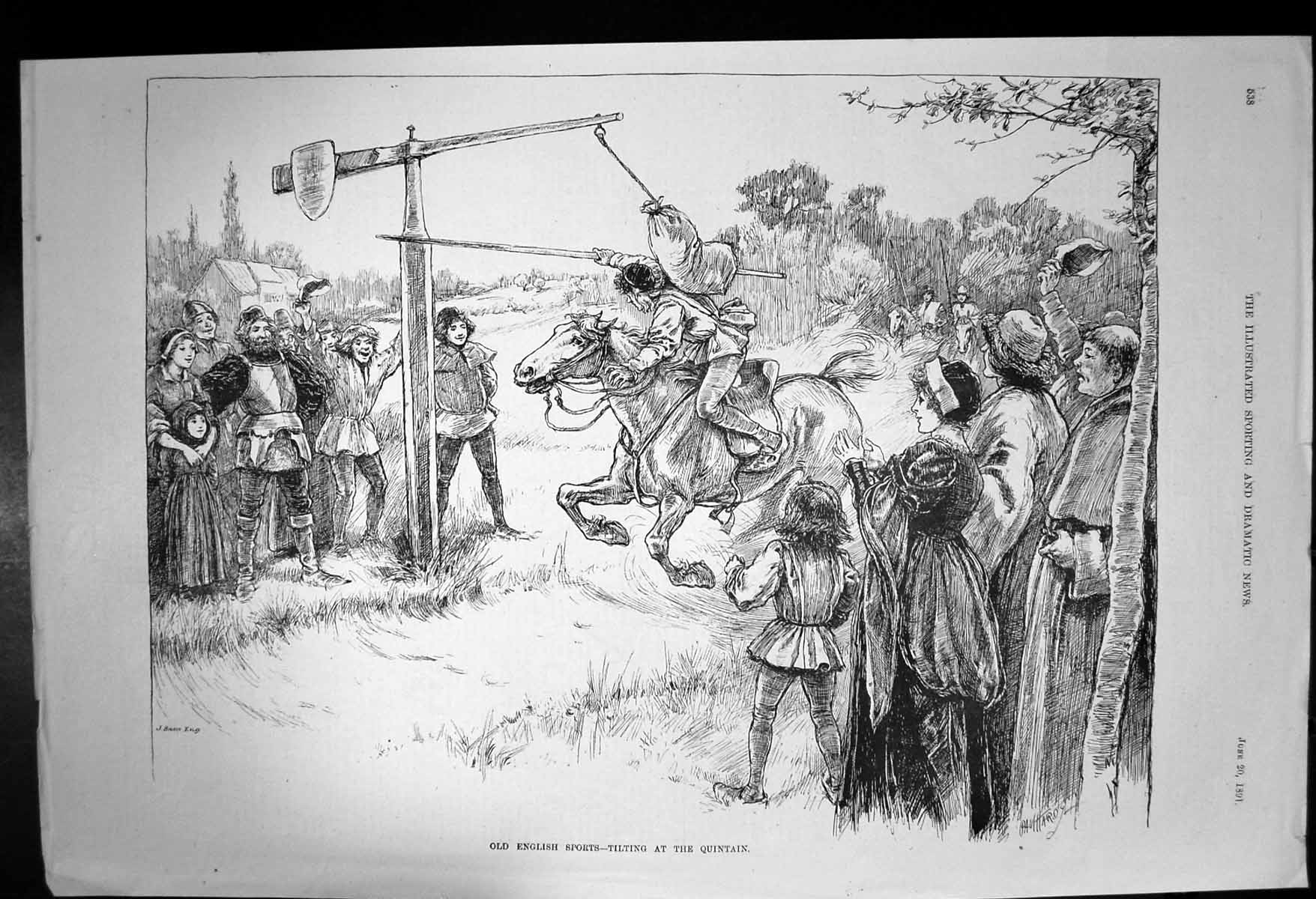 Antique Old Print English Sports Tilting Quintain Rider Horseback Pole 1891