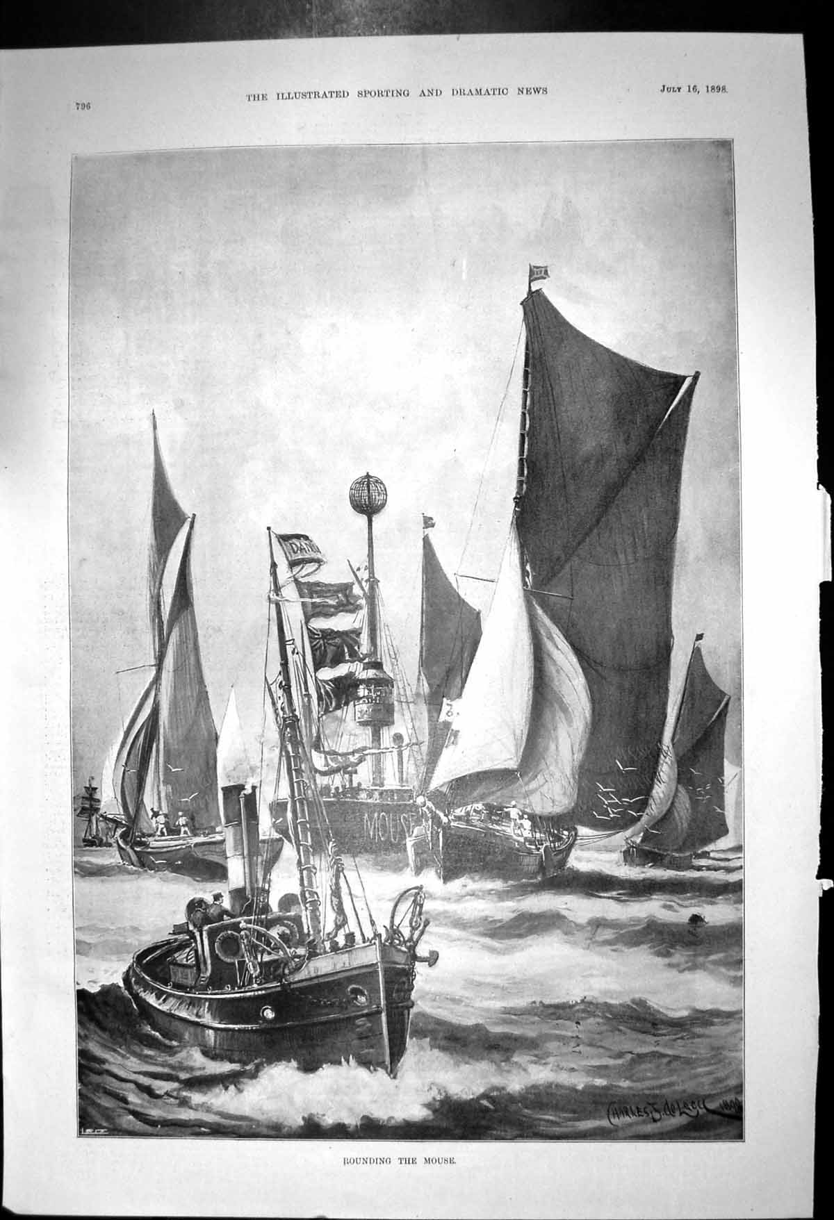 Old Antique Print Rounding Mouse Charles De Lacy Sailing Race Yachts 1898 19th
