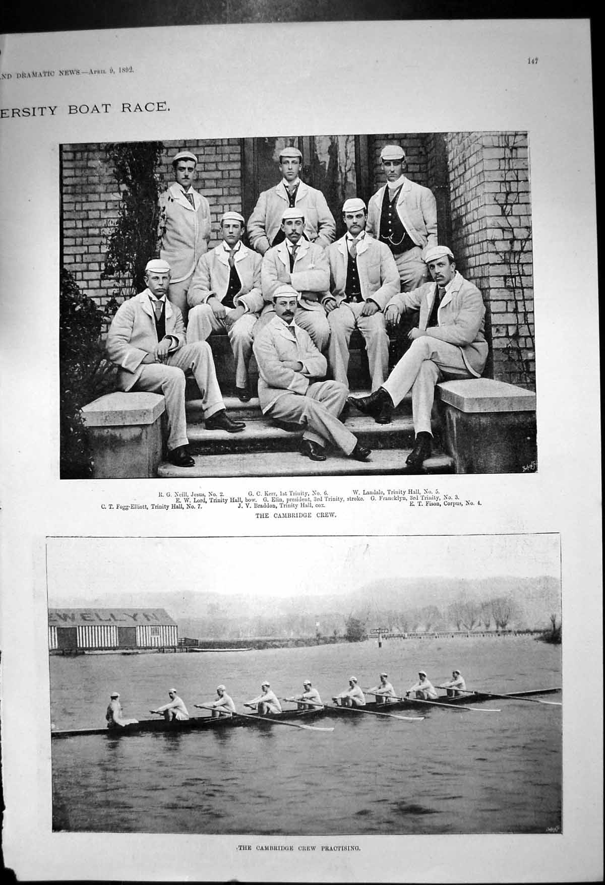 Original Old Antique Print University Boat Race Cambridge Crew Practising 1892