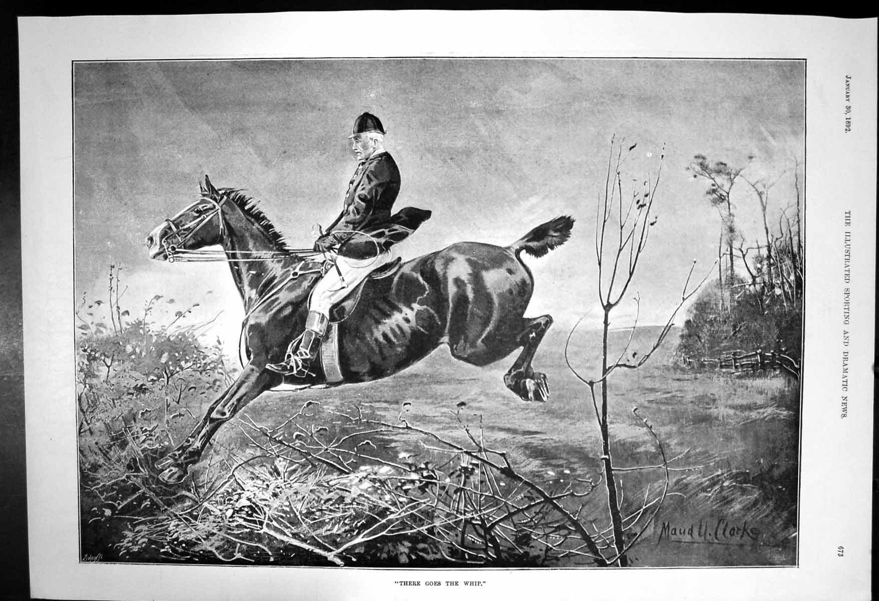 Original Old Antique Print There Goes Whip Rider Horse Jumping Fence 1892 19th