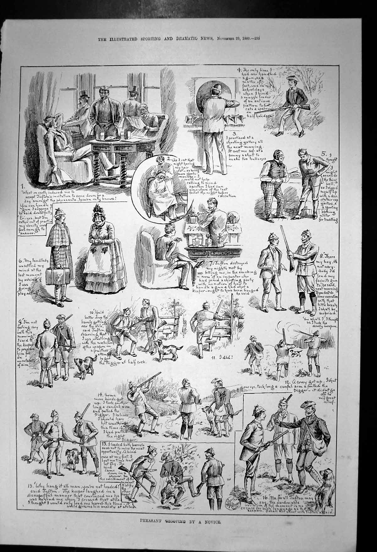 Original Old Antique Print Pheasant Shooting Novice Covey Dogs Shotguns 1889