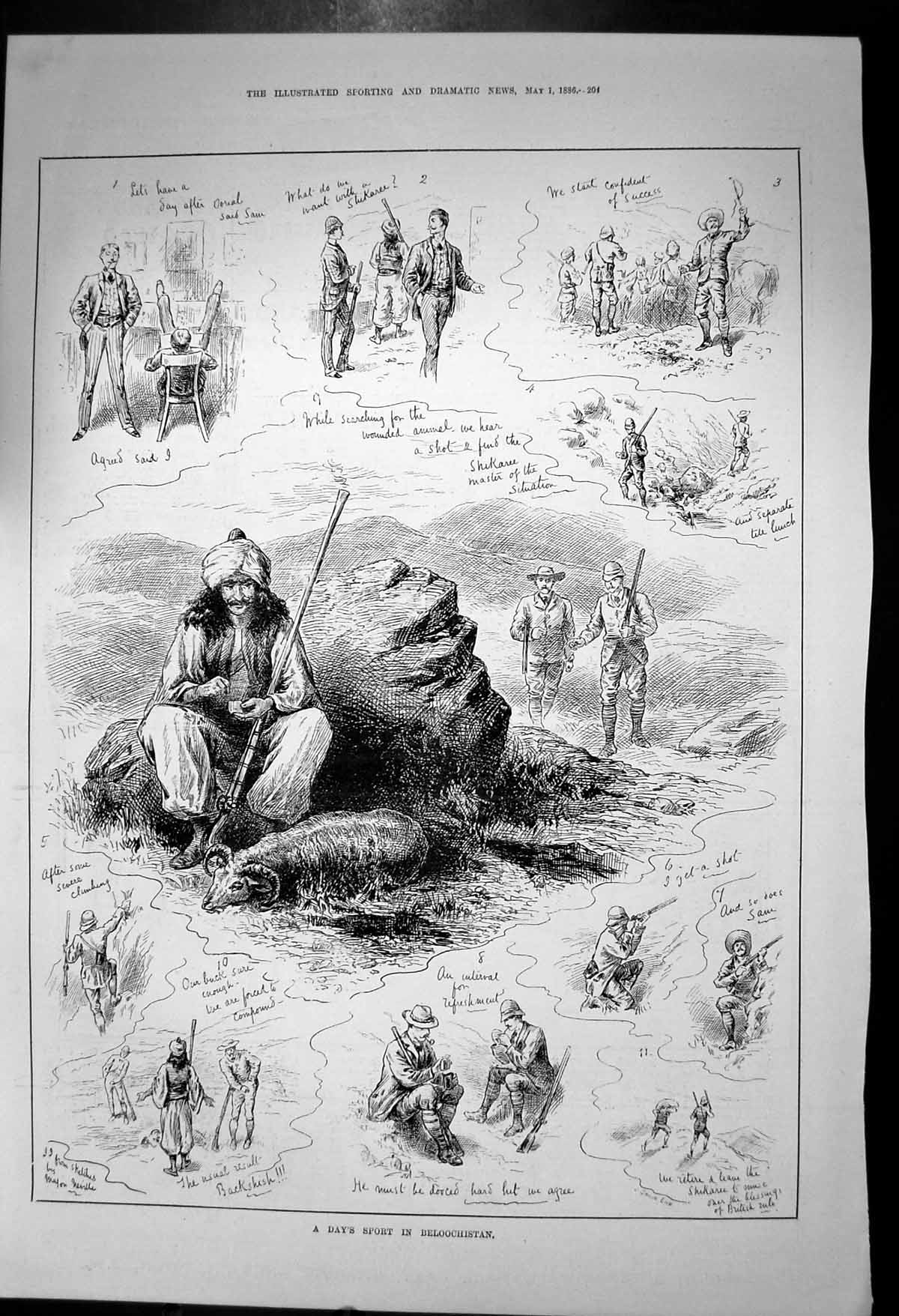 Original Old Antique Print Sport Beloochistan Shikaree Shooting Compound 1886