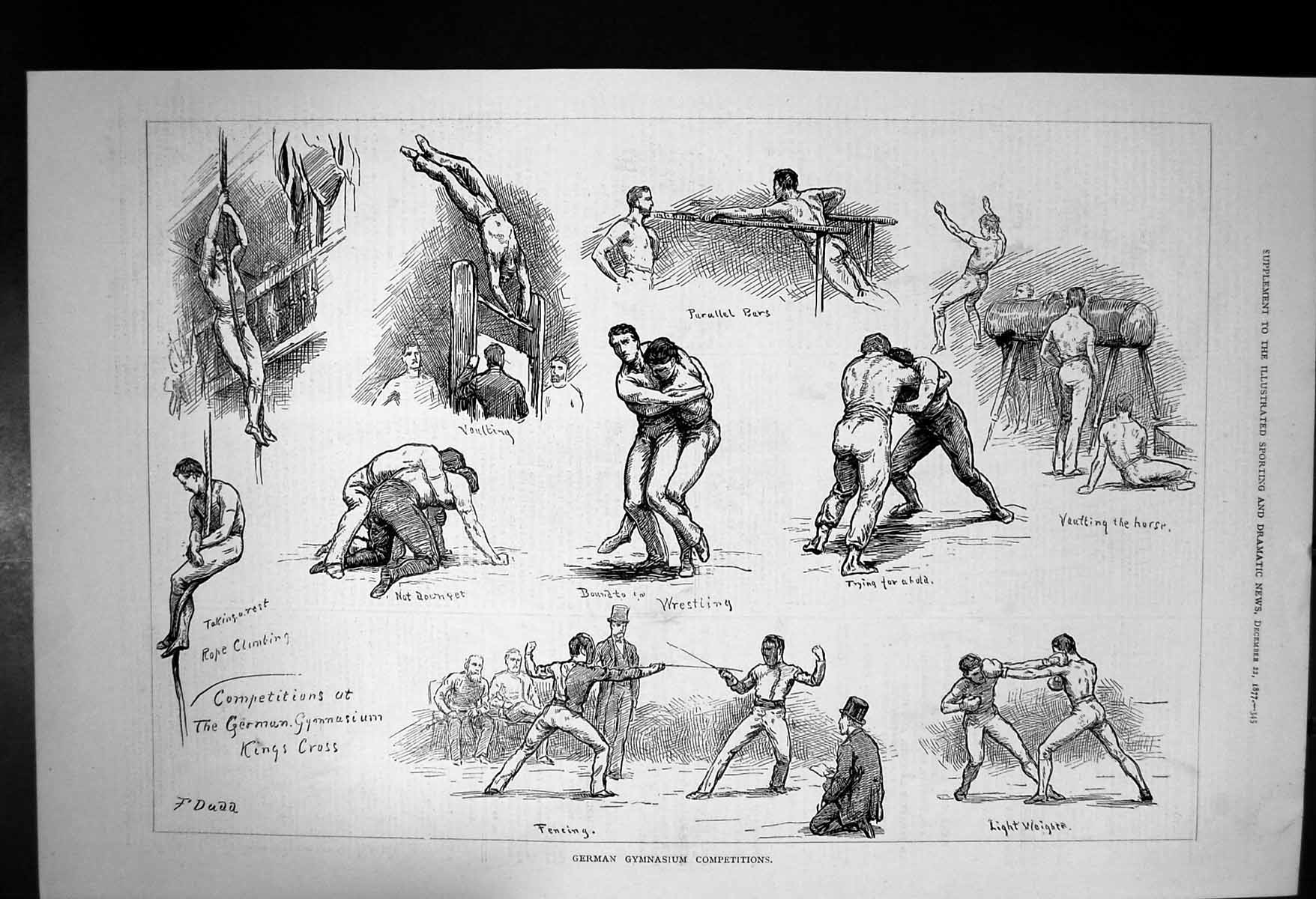 Antique Old Print German Gymnasium Competitions Parallel Bars Vaulting 1877