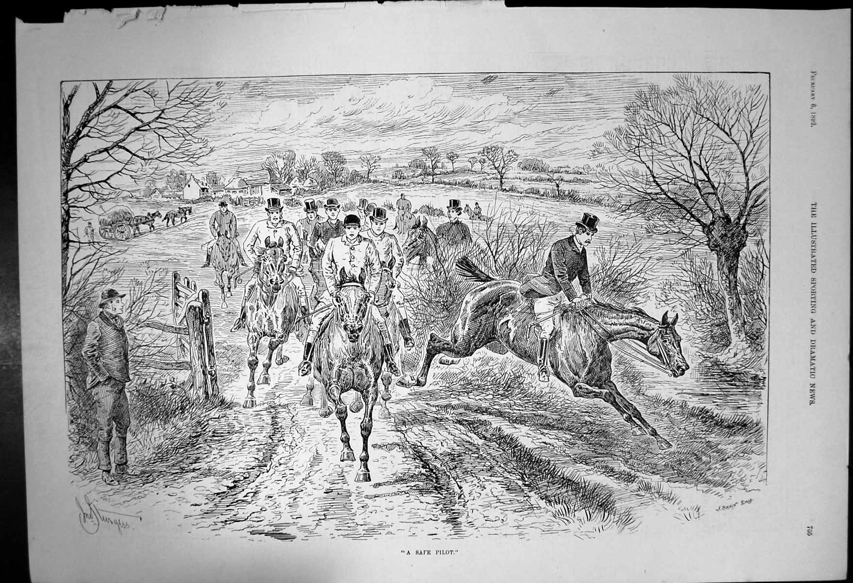 Original Old Antique Print Safe Pilot J Swain Group Horses Riders Farmland 1892