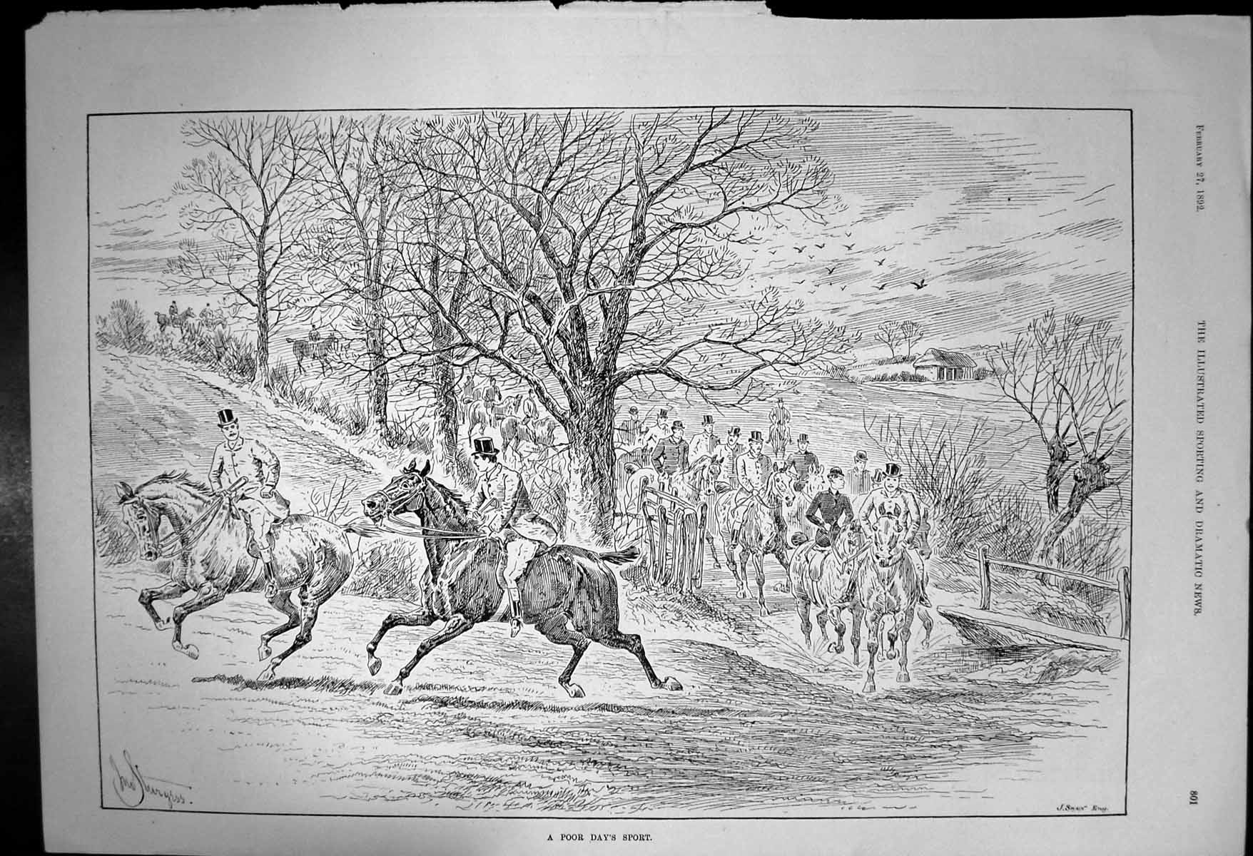 Original Old Antique Print Poor Days Sport J Swain Returning From Hunt 1892