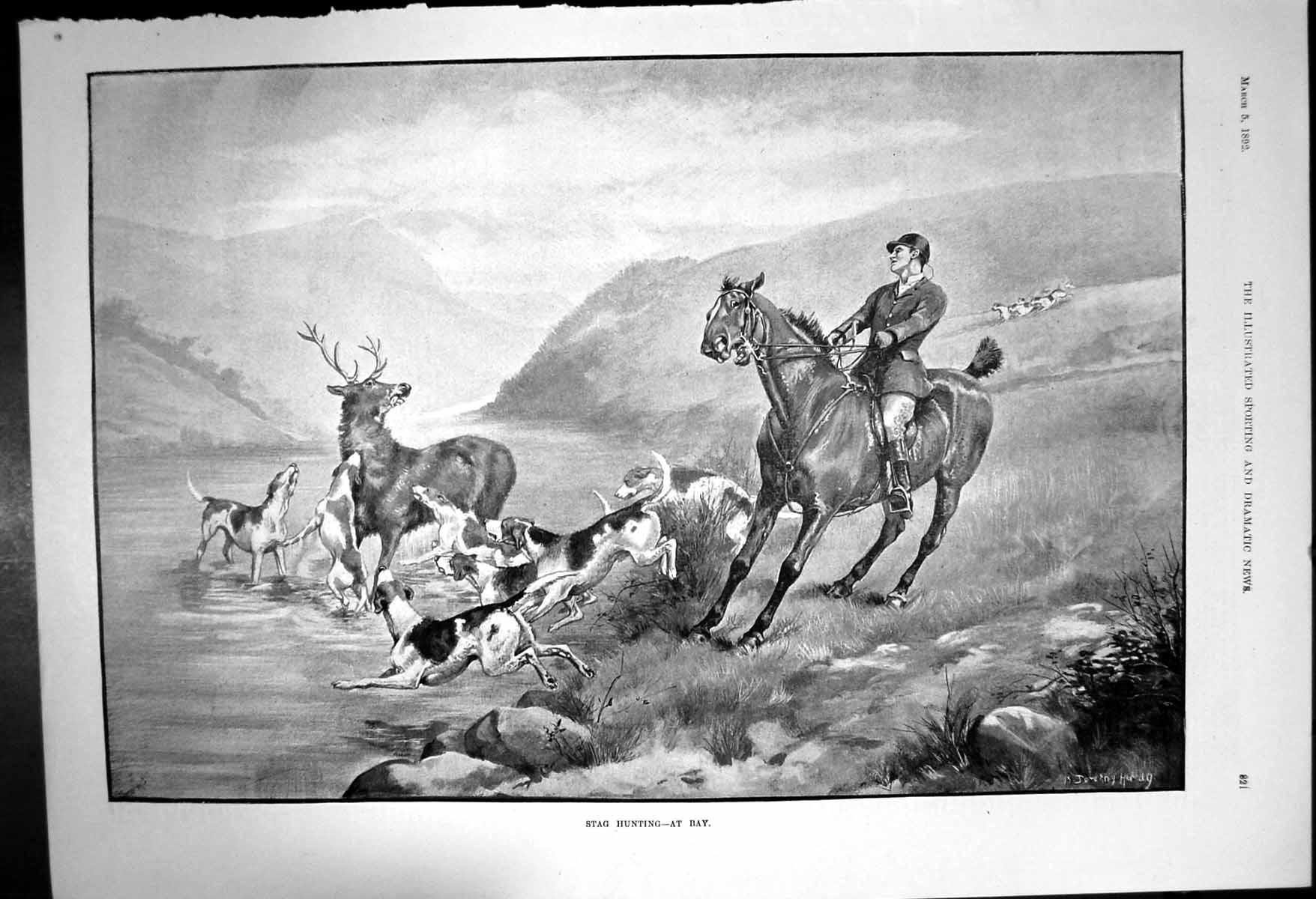 Antique Print Stag Hunting At Bay Dogs Attack Stag Horse Rider Look On 1892