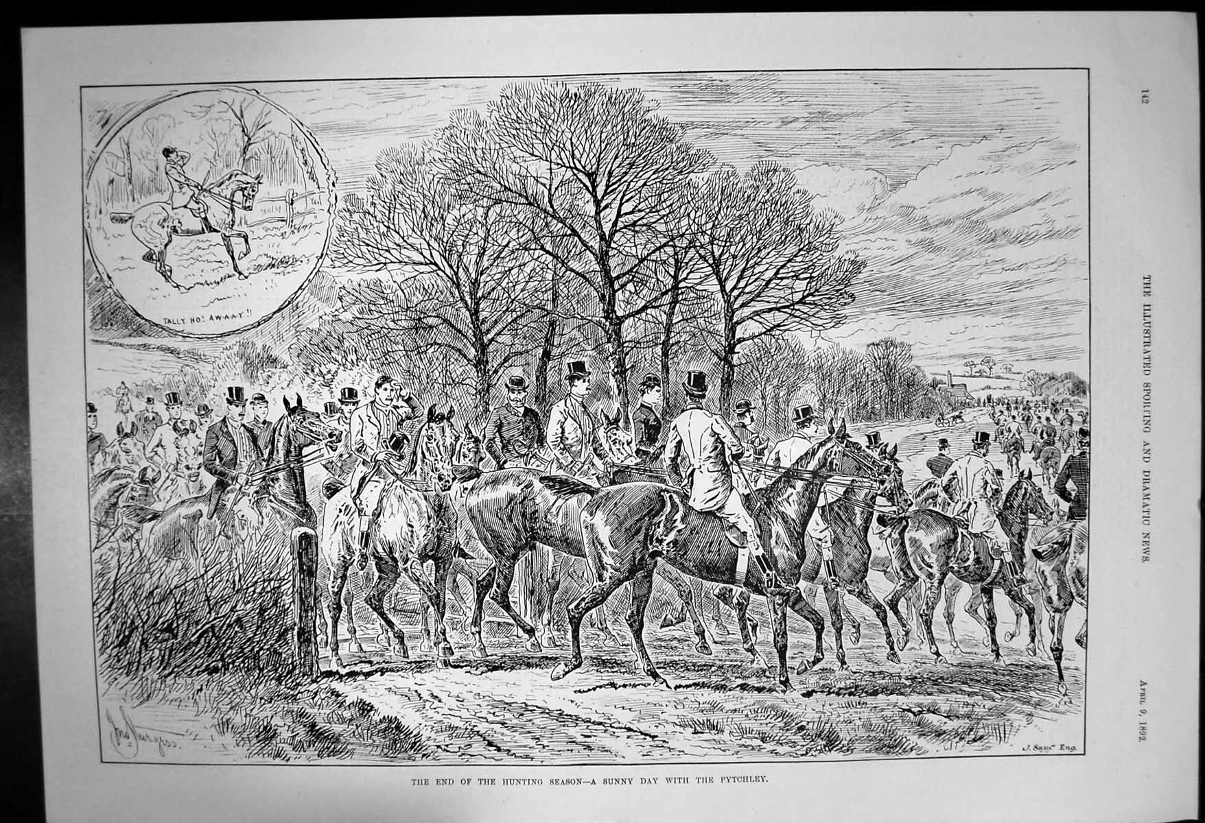 Original Old Antique Print End Hunting Season Sunny Day With Pytchley 1892 19th