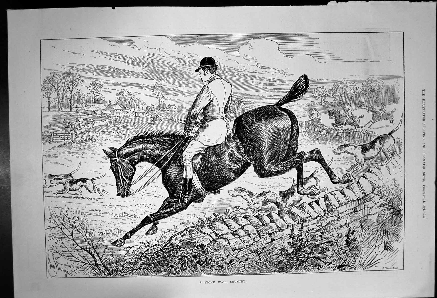 Old Antique Print Stone Wall Country Horseriders Jumping Walls Dogs 1891 19th