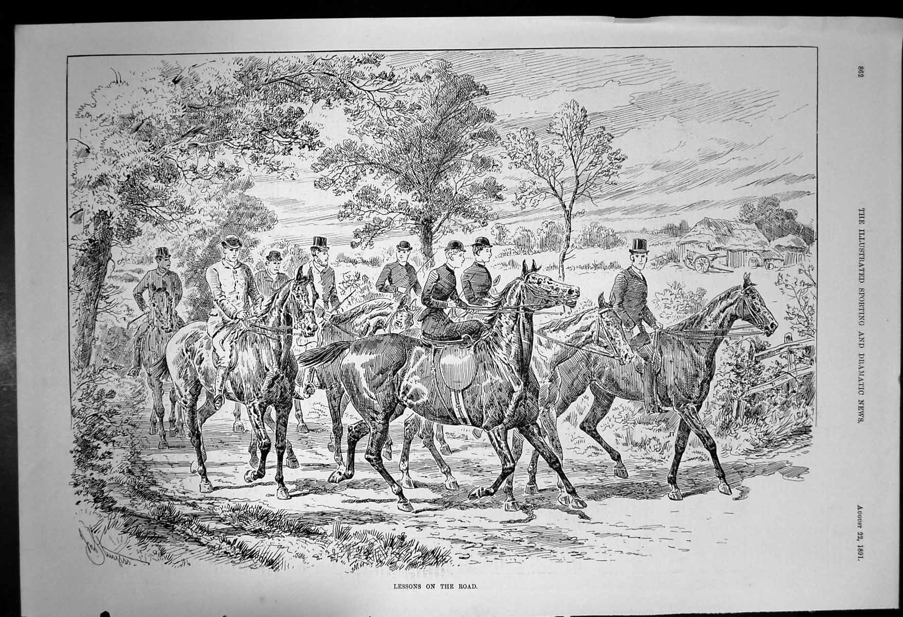 Old Antique Print Lessons On Road Horse Riders Trotting Country Road 1891 19th