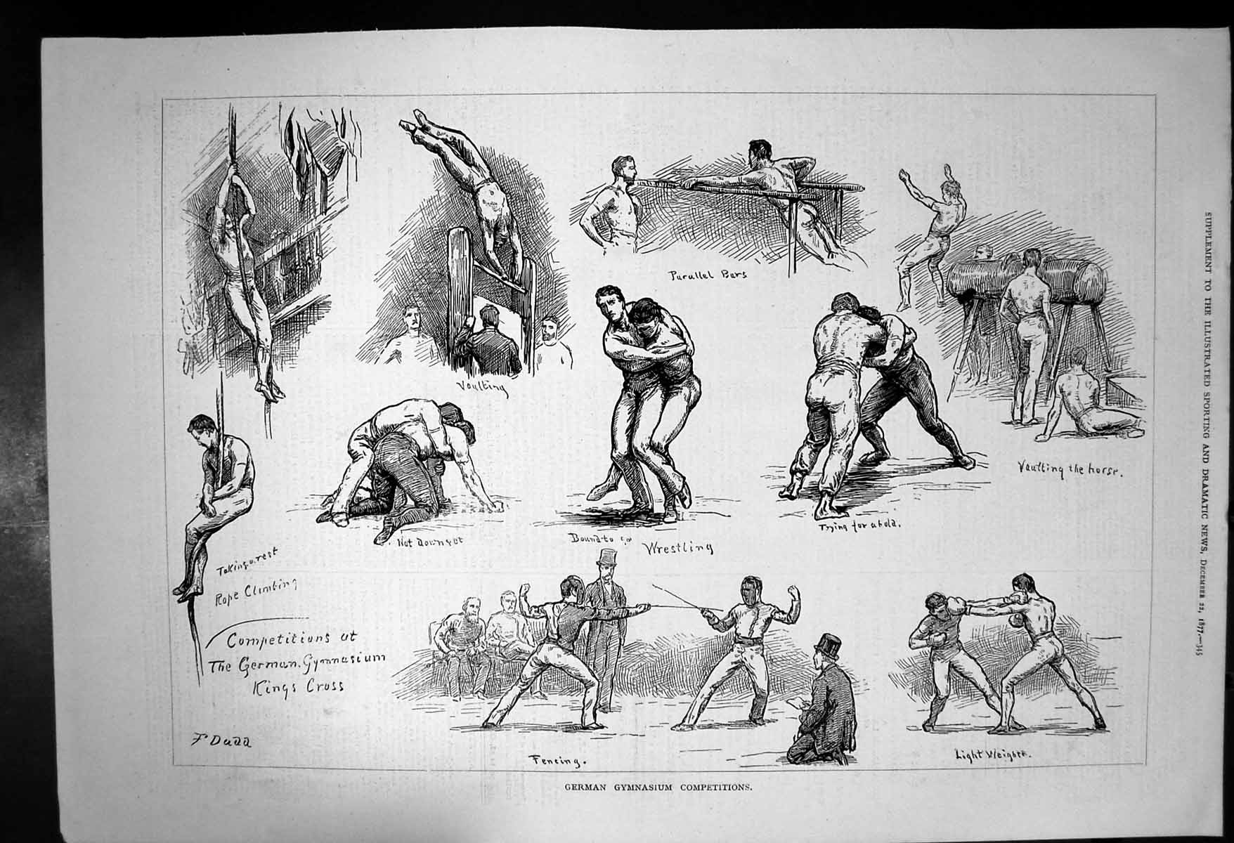 Antique Old Print German Gymnasium Competitions Fencing Rope Climbing 1877 19th