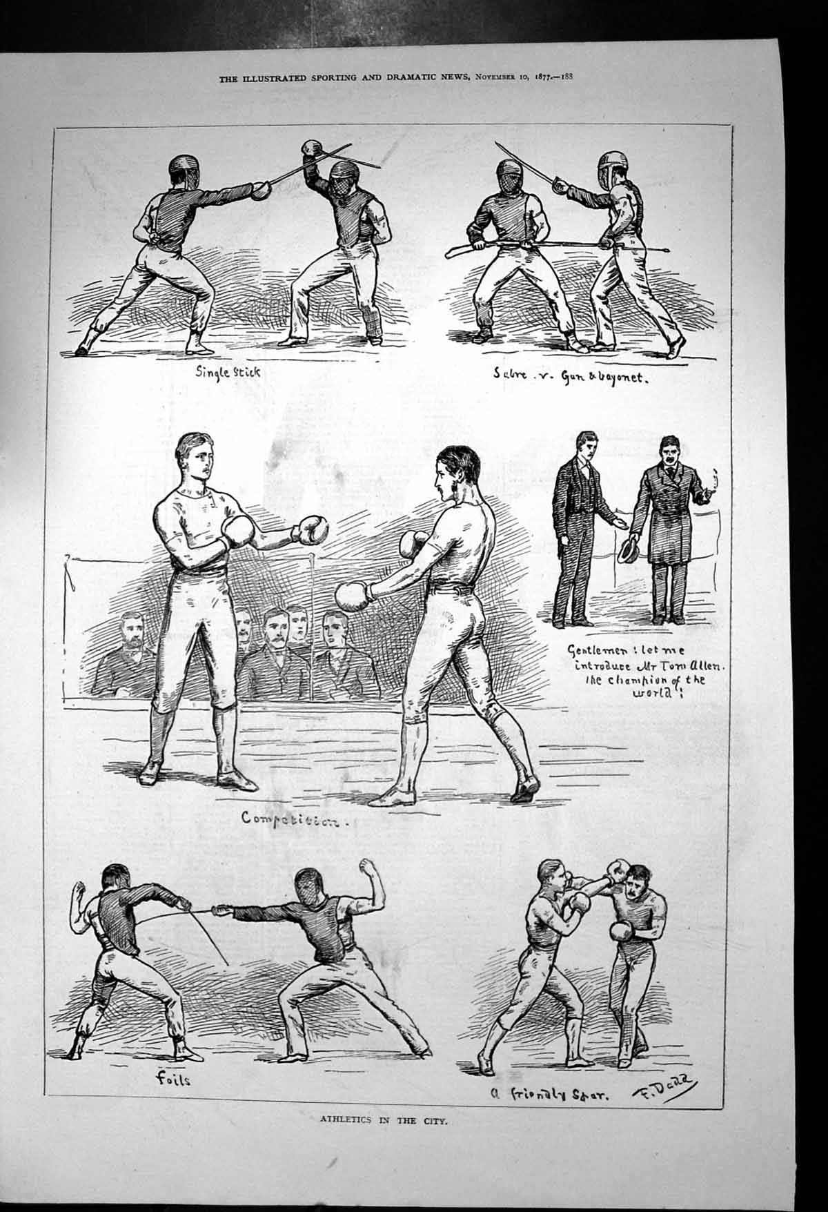 Original Old Antique Print Athletics City Foils Boxing Sabrev Gun Bayonet 1877