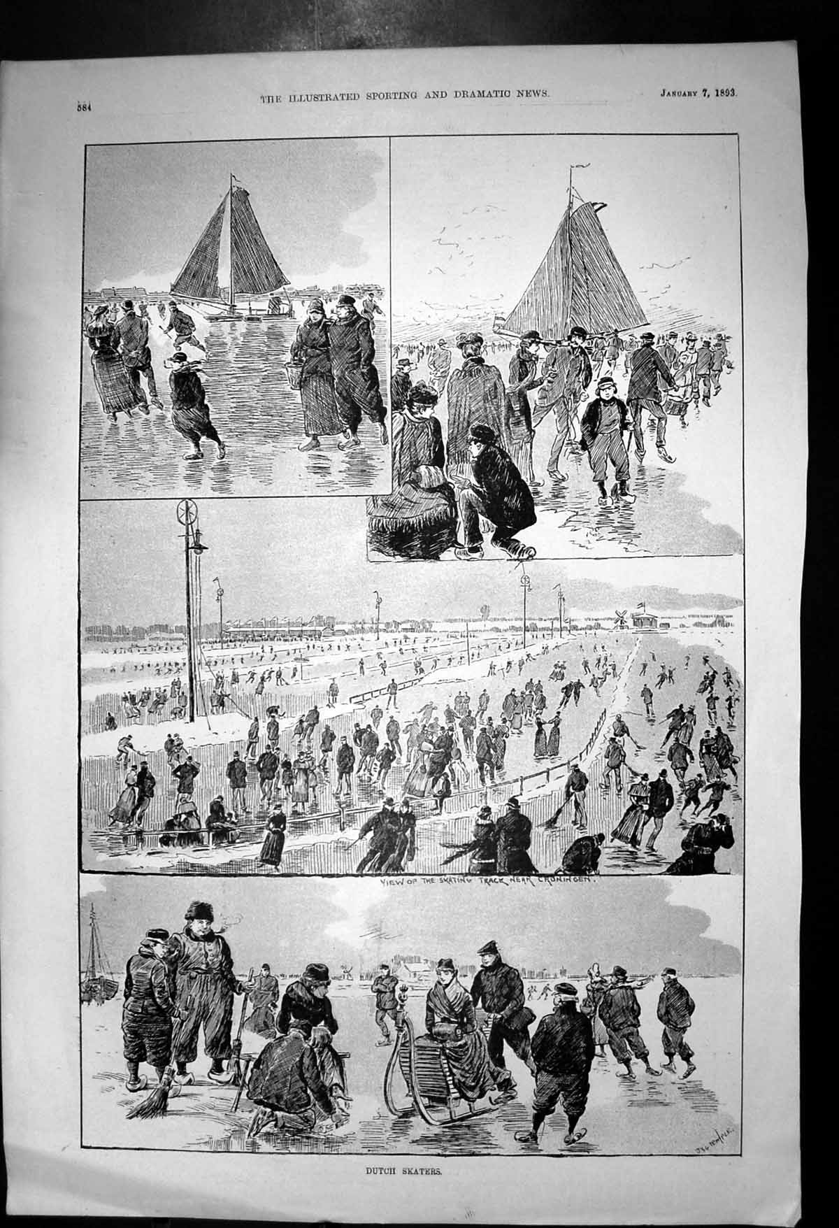 Antique Old Print Dutch Skaters Skating Track Croningen Yacht Windmill 1893