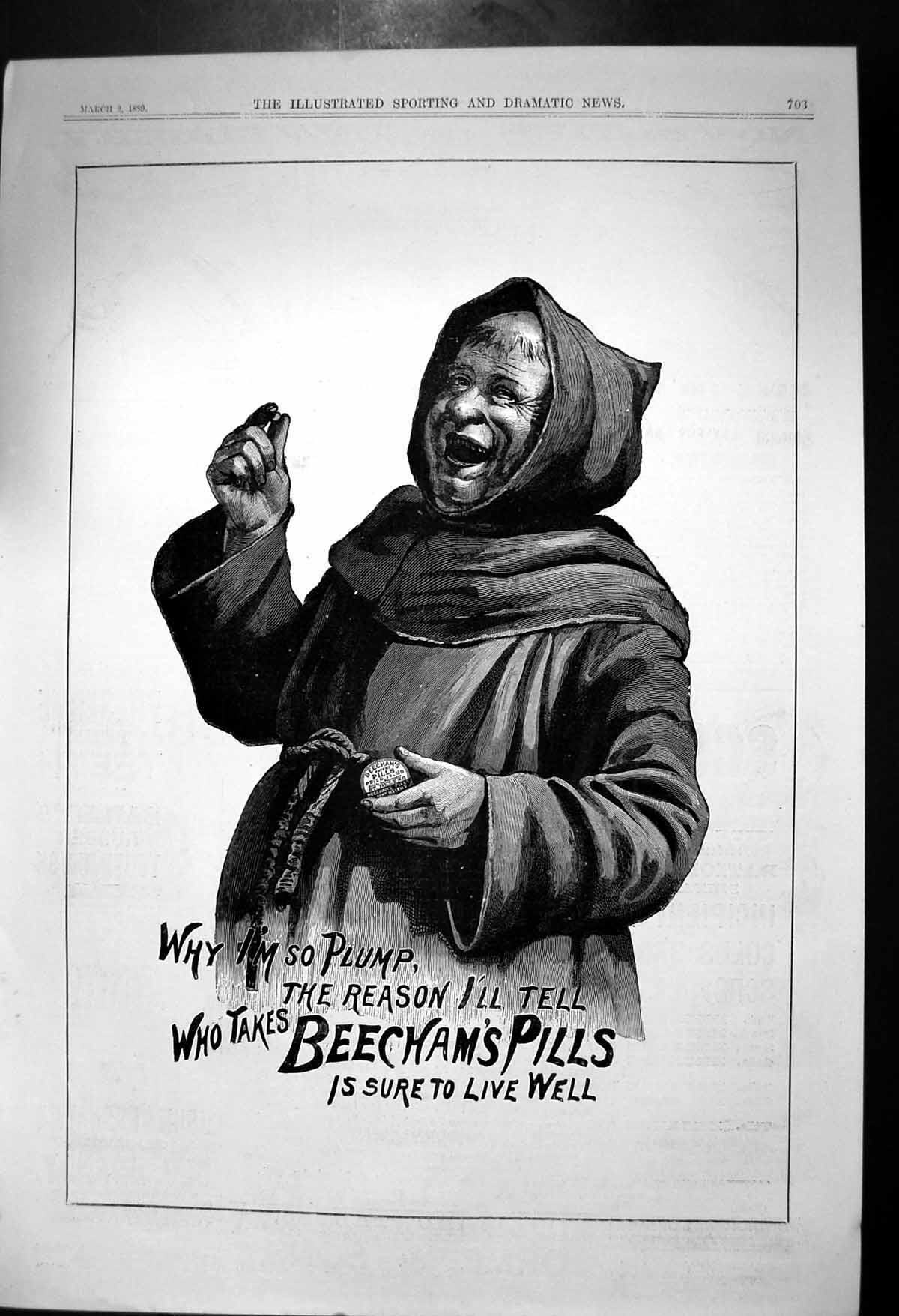 Original Old Antique Print Advert Beechams Pills Sure To Live Well 1889 19th