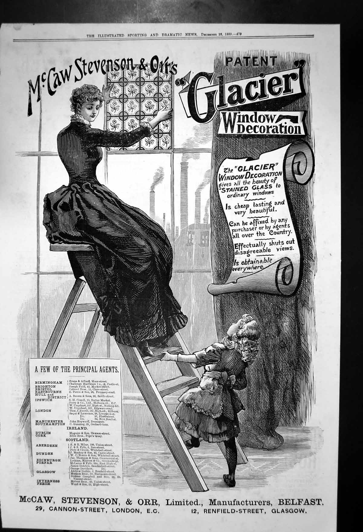 Original Old Antique Print Mccaw Stevenson Orr Glacier Window Decoration 1889
