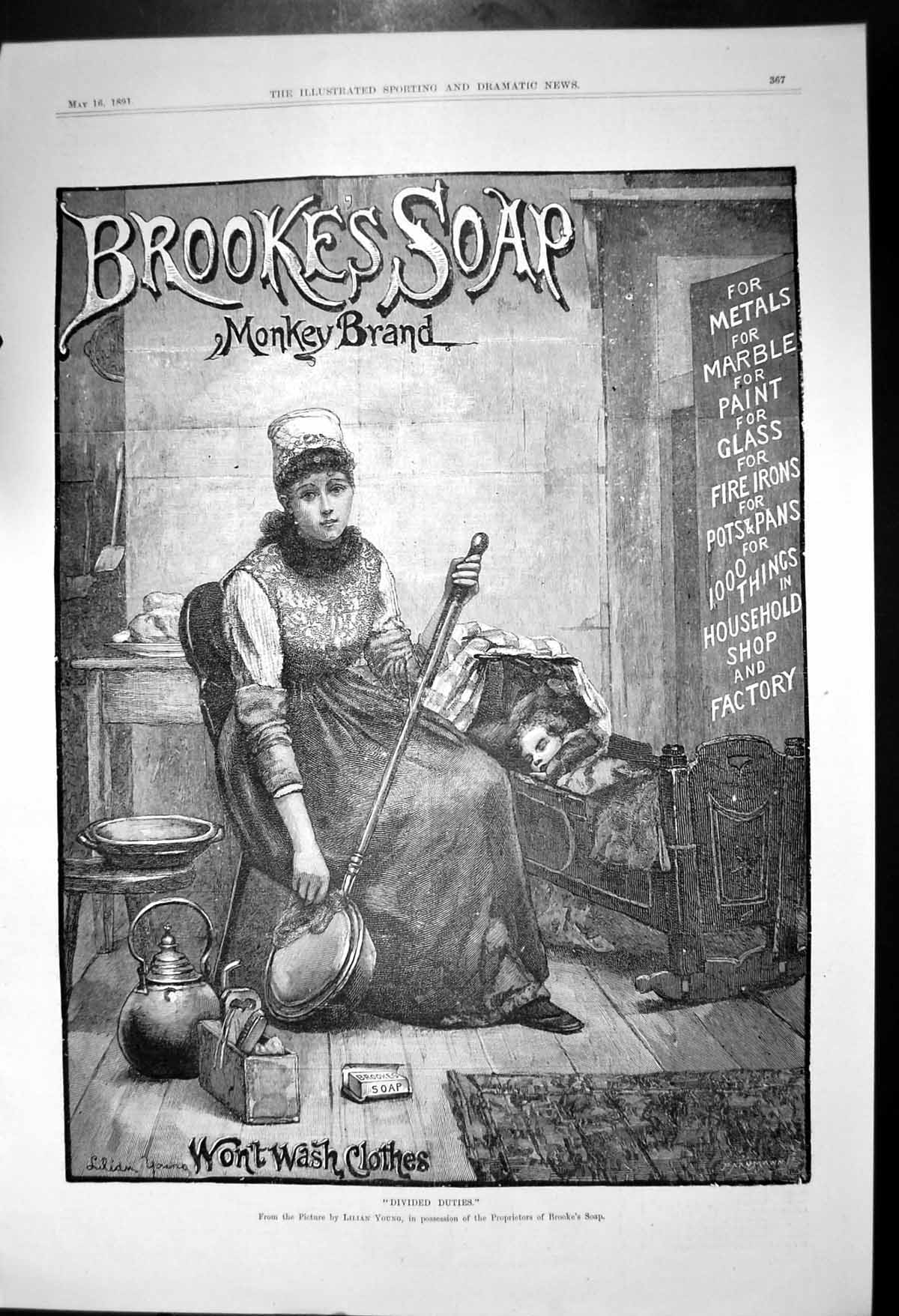 Original Old Antique Print Brookes Soap Monkey Brand Wont Wash Clothes 1891