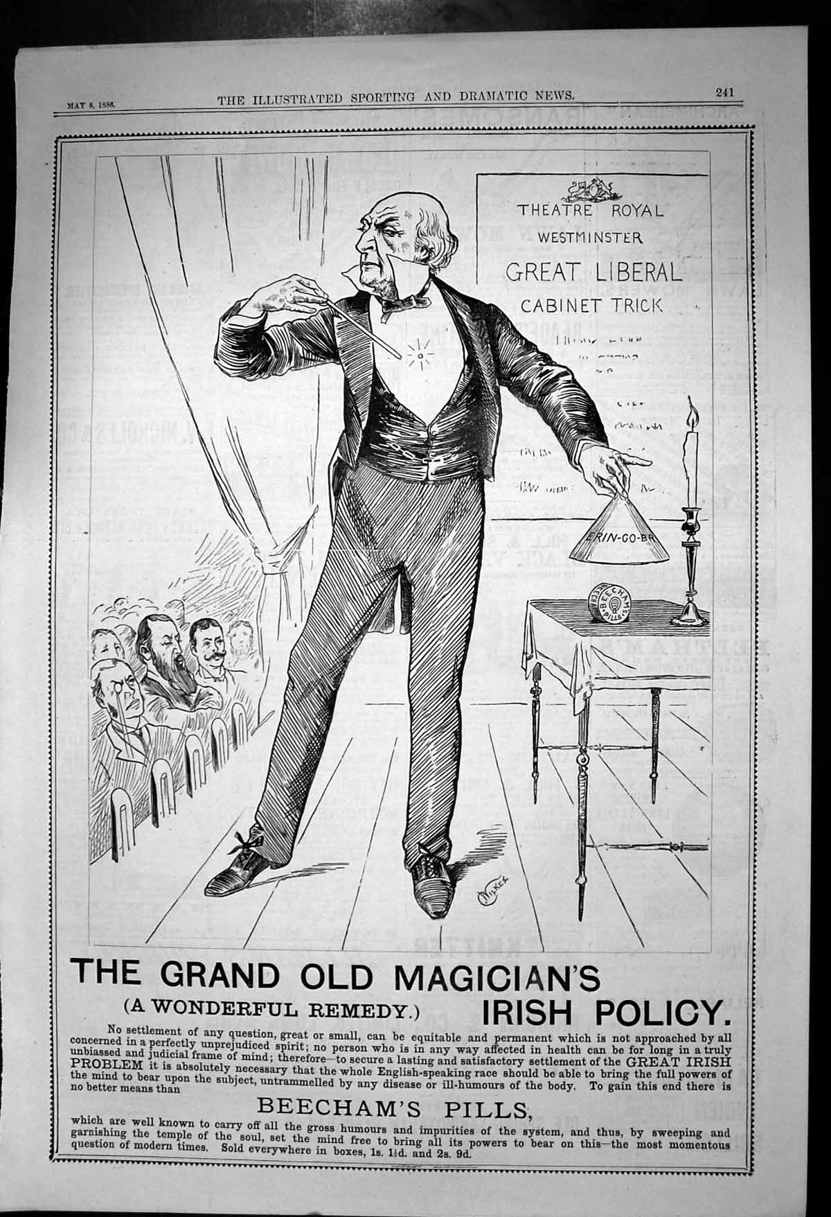 Original Old Antique Print Beechams Pills Grand Magicians Irish Policy 1886
