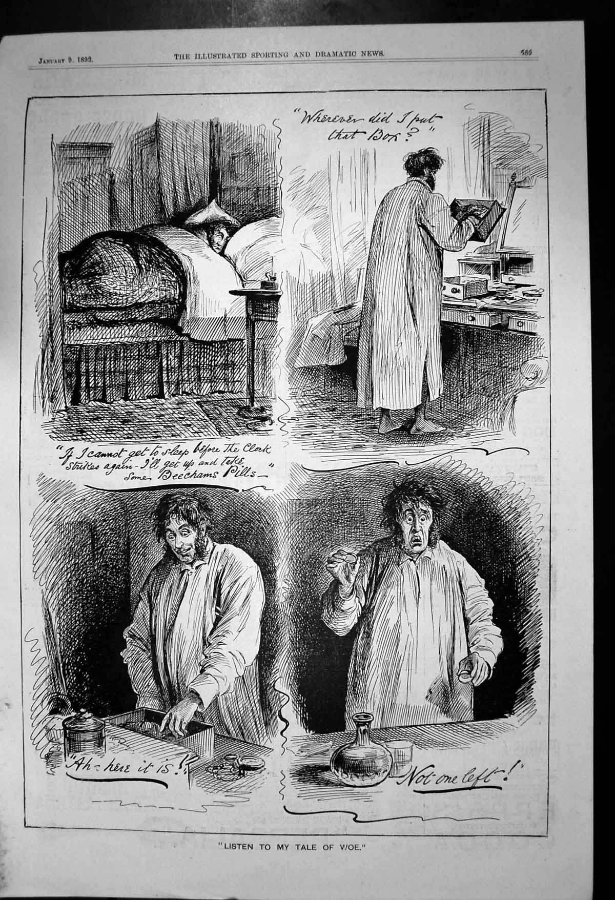 Original Old Antique Print Listen To My Tale Woe Lost Box Beecham Pills 1892