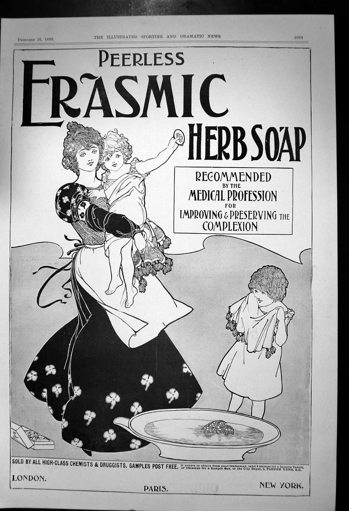 Old Antique Print Peerless Erasmic Herb Soap Improving Complextion 1898 19th