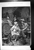 Original Old Antique Print Siers Return Wecome Home By Young Woman Drink 1889