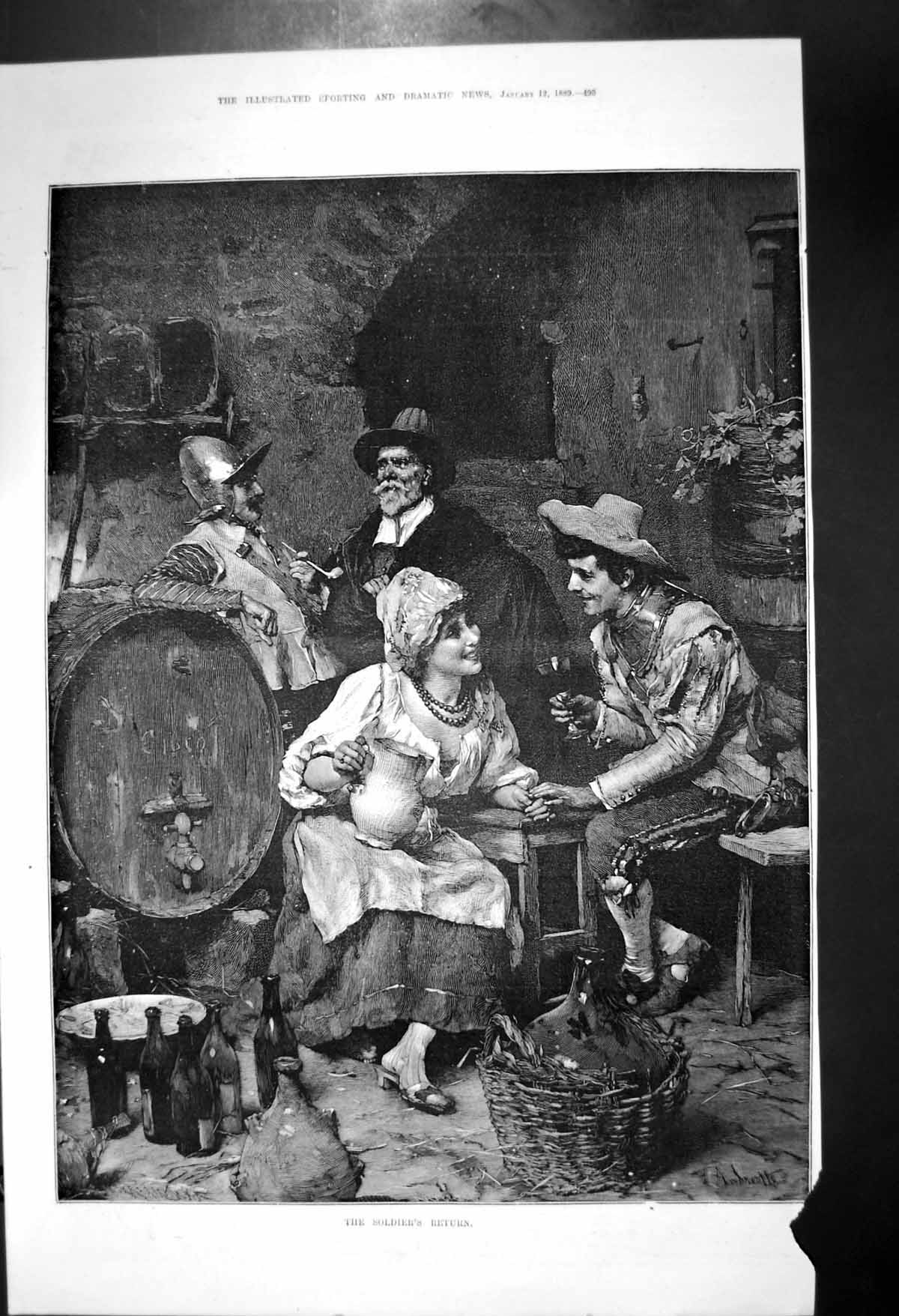 Original Old Antique Print Siers Return Wecome Home By Young Woman Drink 1889